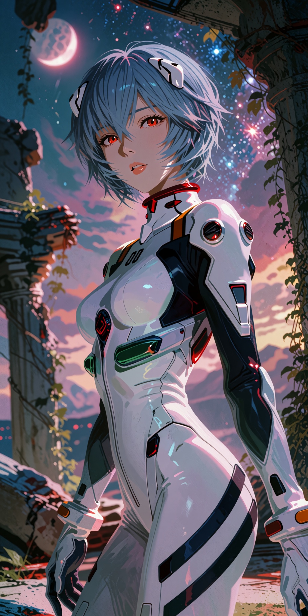 An awe-inspiring,  hyper-detailed digital masterpiece of Rei Ayanami posing gracefully atop a broken concrete and steel ob...