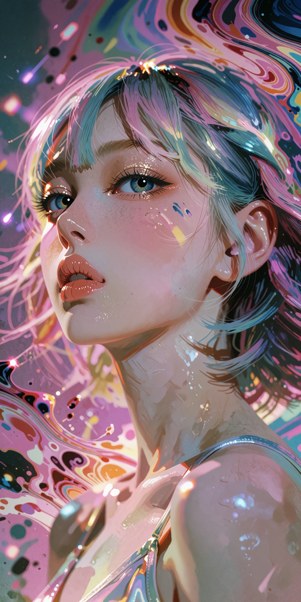An awe-inspiring,  hyper-detailed digital masterpiece of a young woman with stunning short multicolored hair,  woven with...