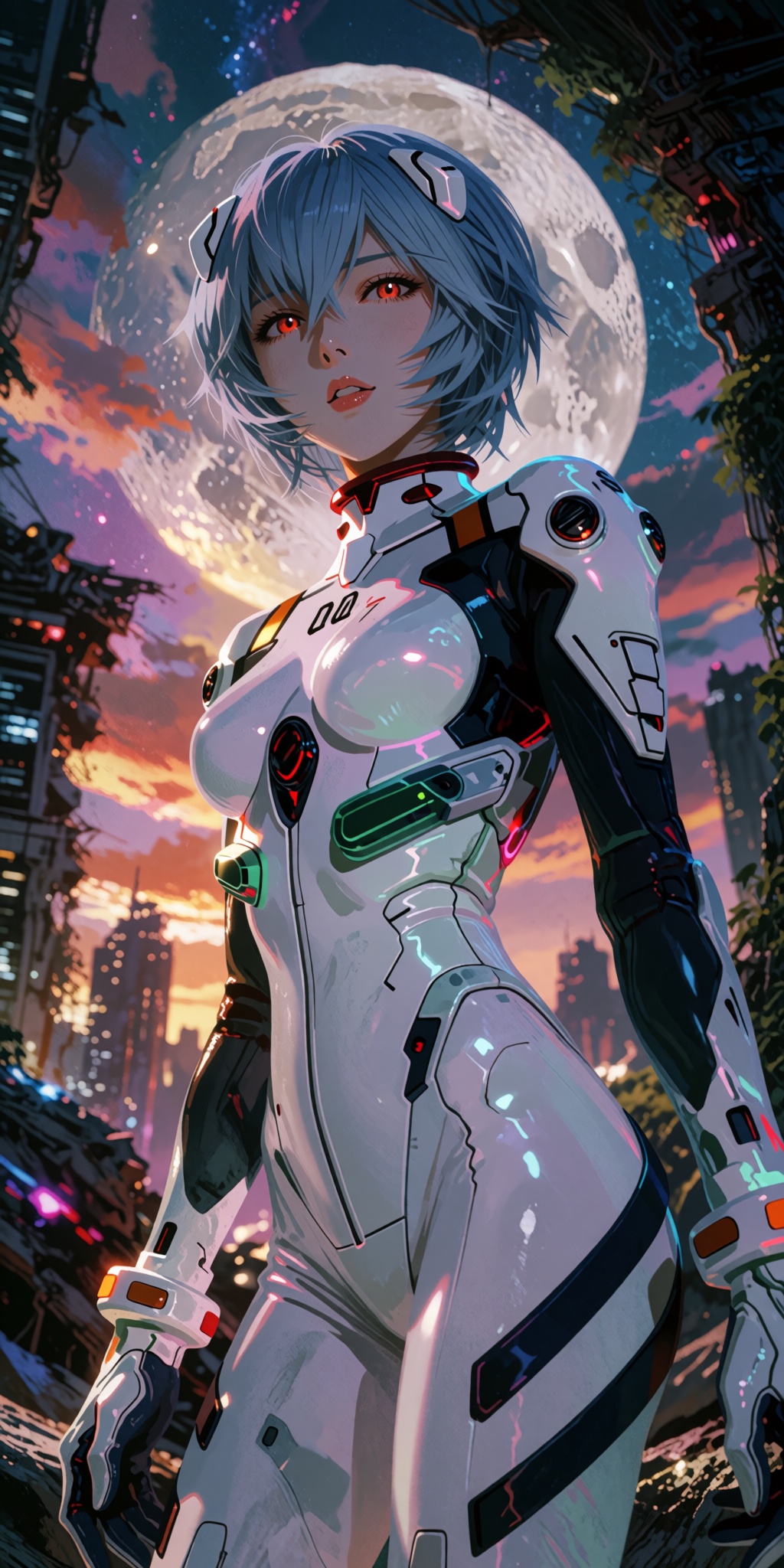 A breathtaking,  ultra-detailed digital art masterpiece of Rei Ayanami standing amidst magnificent,  overgrown cybernetic...