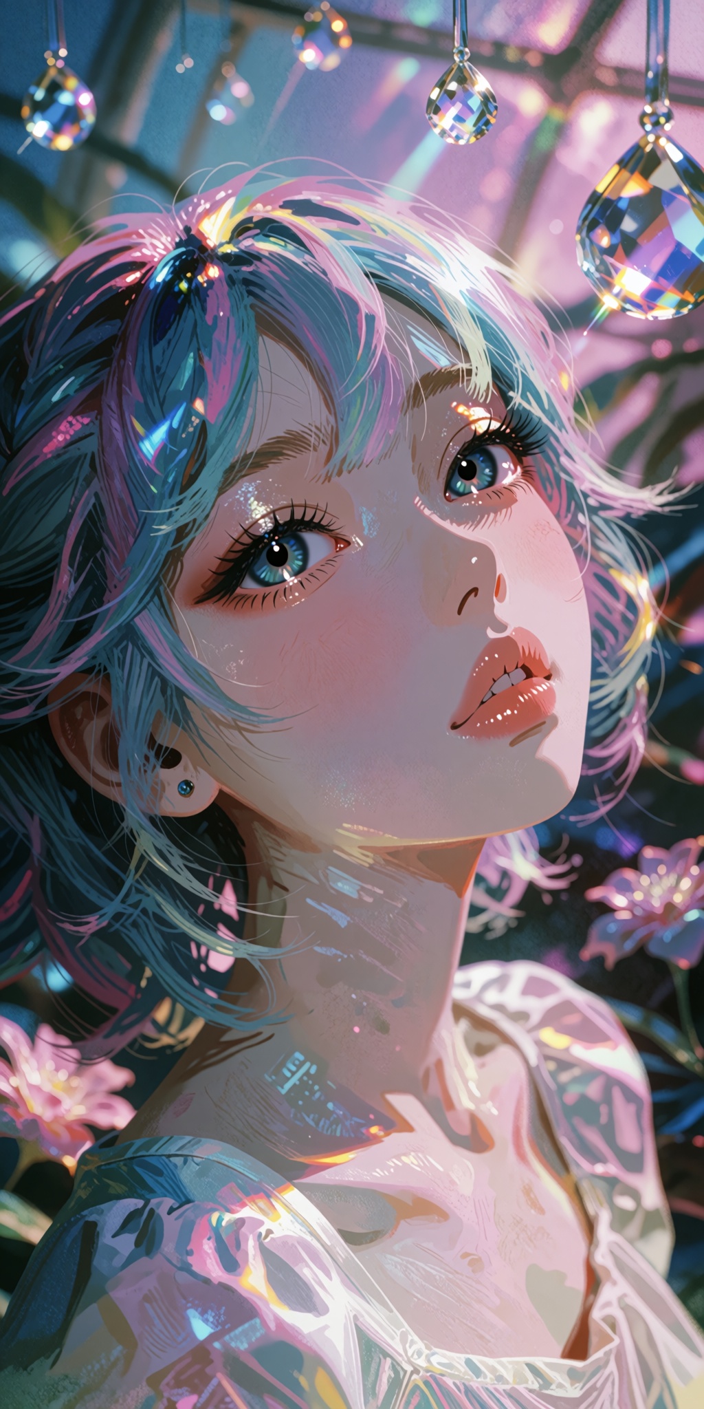 A breathtaking,  ultra-detailed digital art masterpiece of a captivating anime girl featuring mesmerizing multicolored rai...