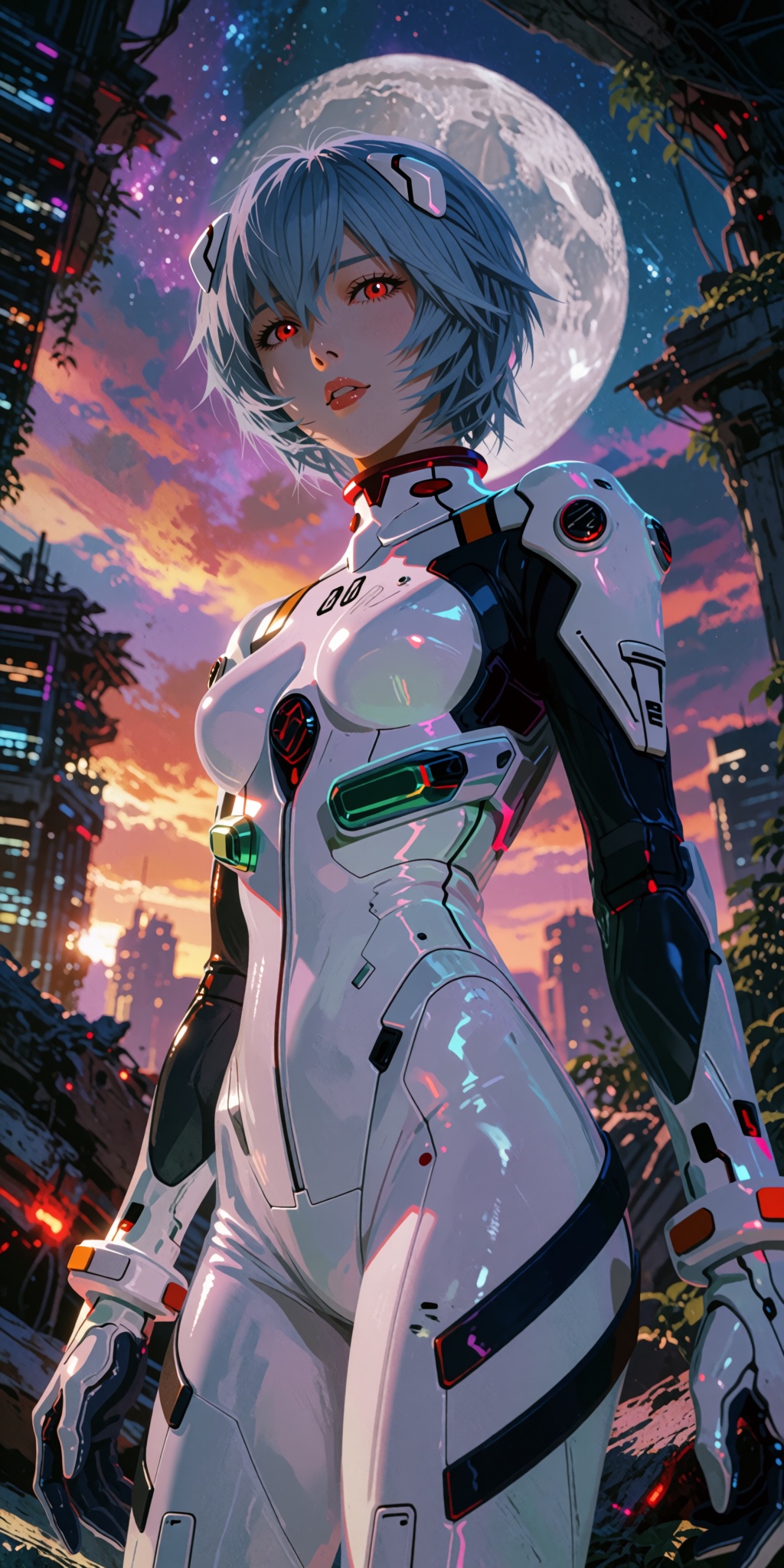 A breathtaking,  ultra-detailed digital art masterpiece of Rei Ayanami standing amidst magnificent,  overgrown cybernetic...