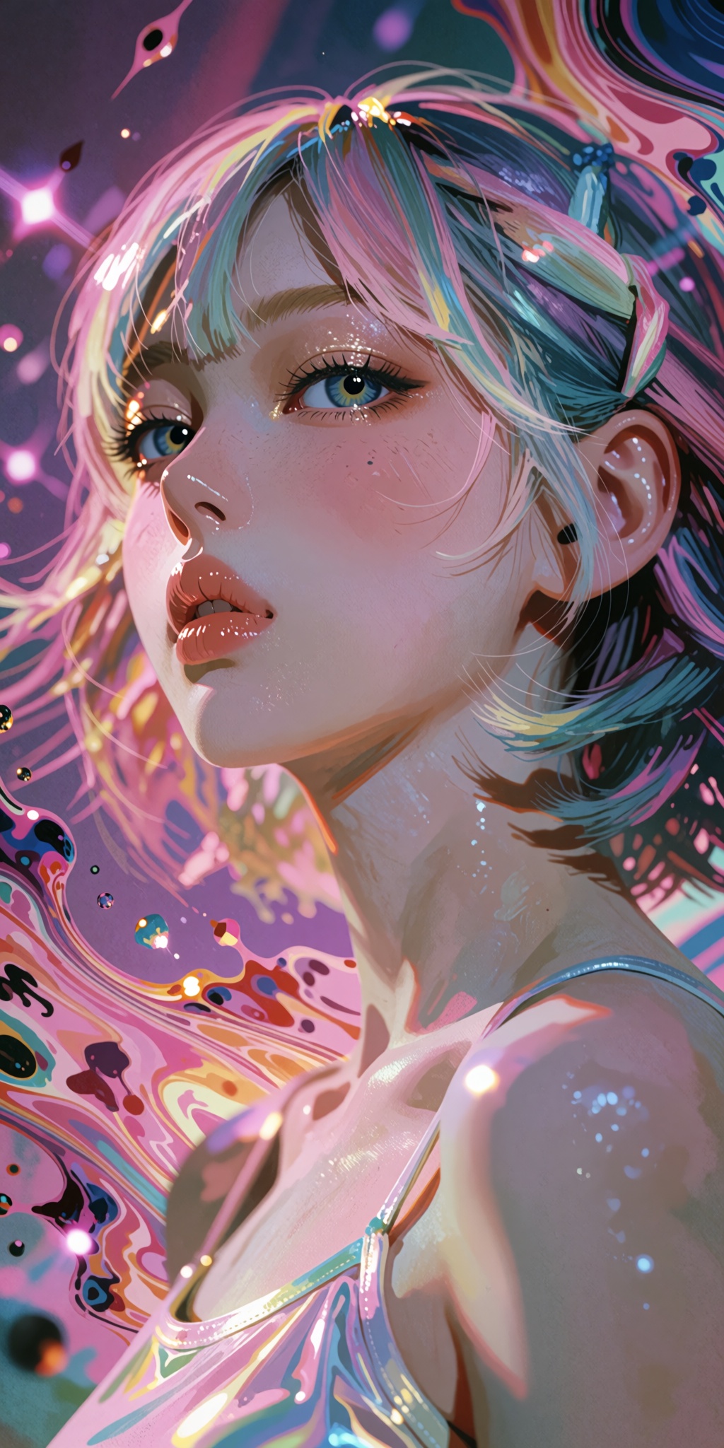 An awe-inspiring,  hyper-detailed digital masterpiece of a young woman with stunning short multicolored hair,  woven with...