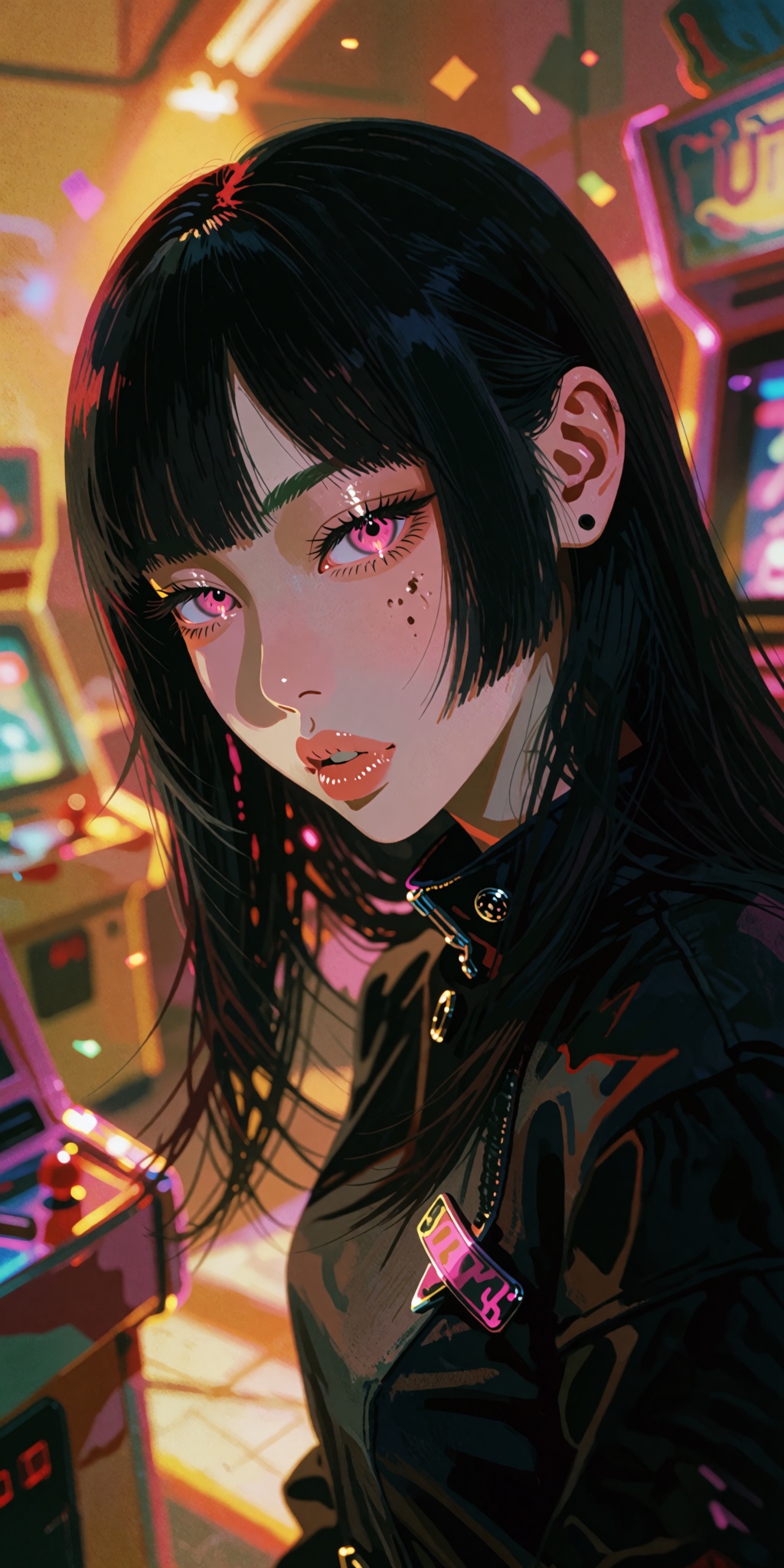 A breathtaking,  ultra-detailed digital art masterpiece of a striking anime girl with sleek,  straight long black hair on...