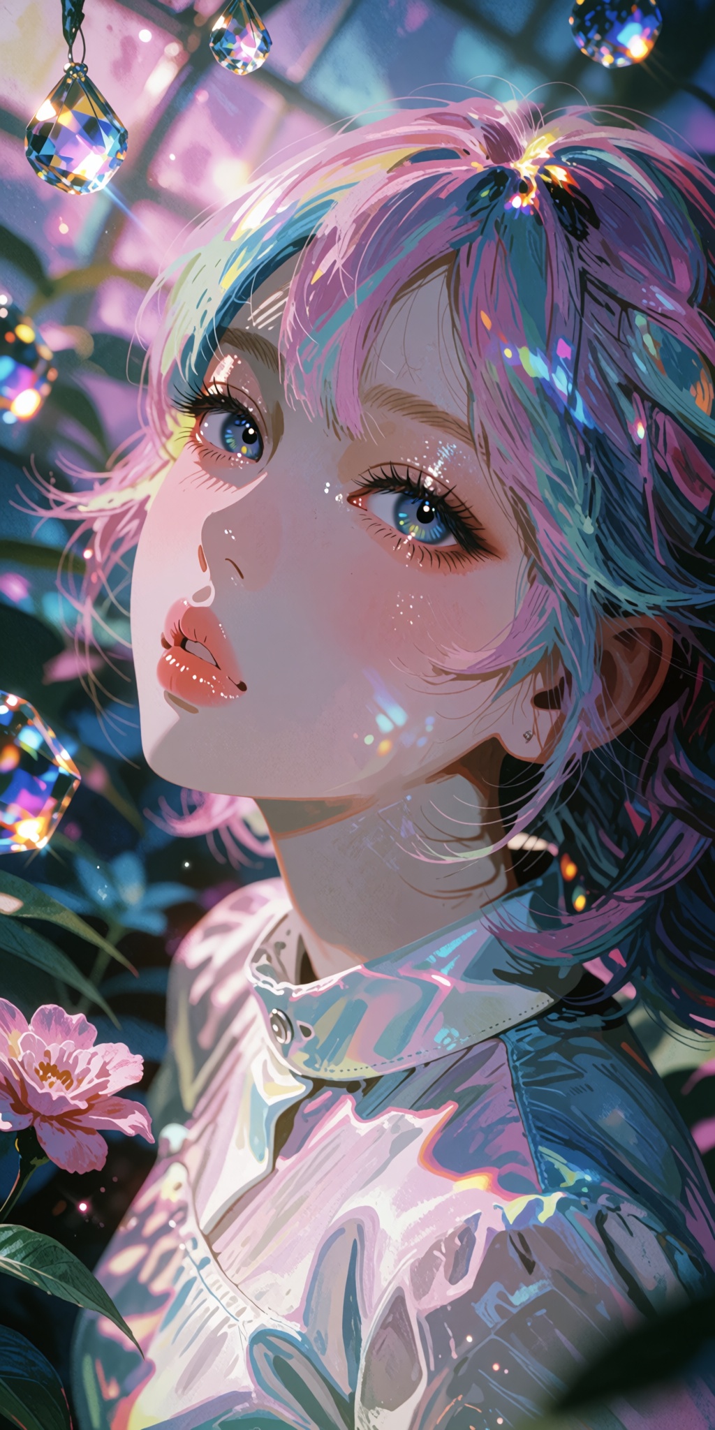 A breathtaking,  ultra-detailed digital art masterpiece of a captivating anime girl featuring mesmerizing multicolored rai...