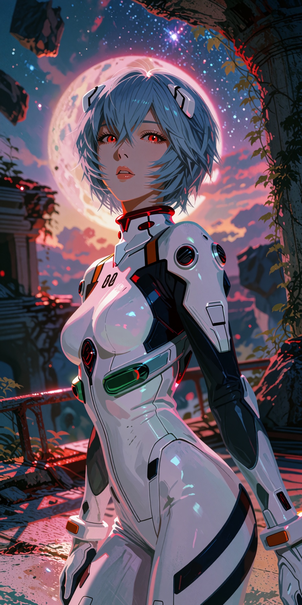An awe-inspiring,  hyper-detailed digital masterpiece of Rei Ayanami posing gracefully atop a broken concrete and steel ob...