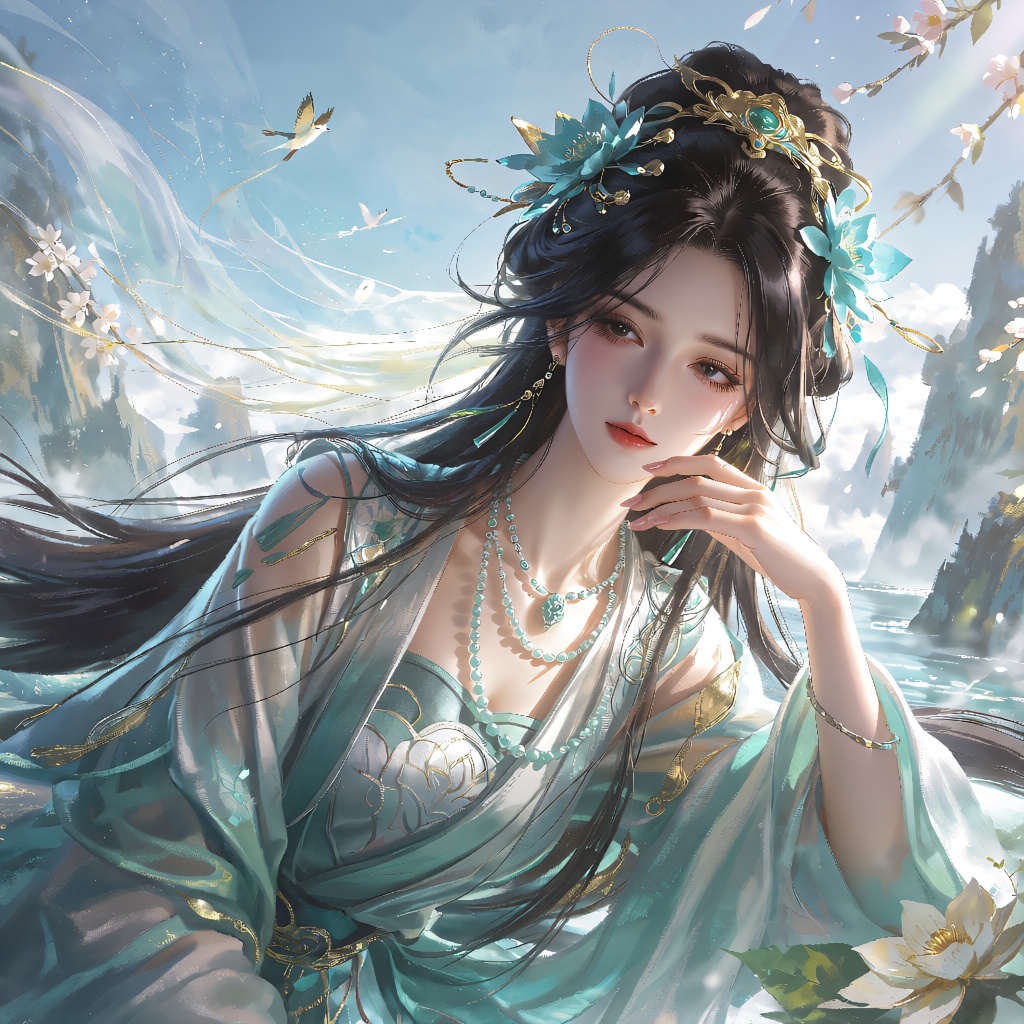 A graceful female figure in a Chinese fantasy style,  with long black hair adorned by turquoise flowers and golden filigre...