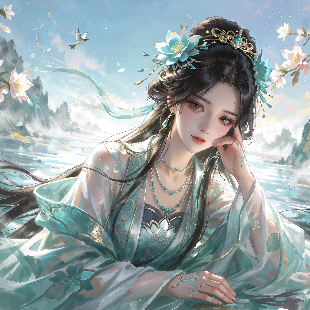 A graceful female figure in a Chinese fantasy style,  with long black hair adorned by turquoise flowers and golden filigre...