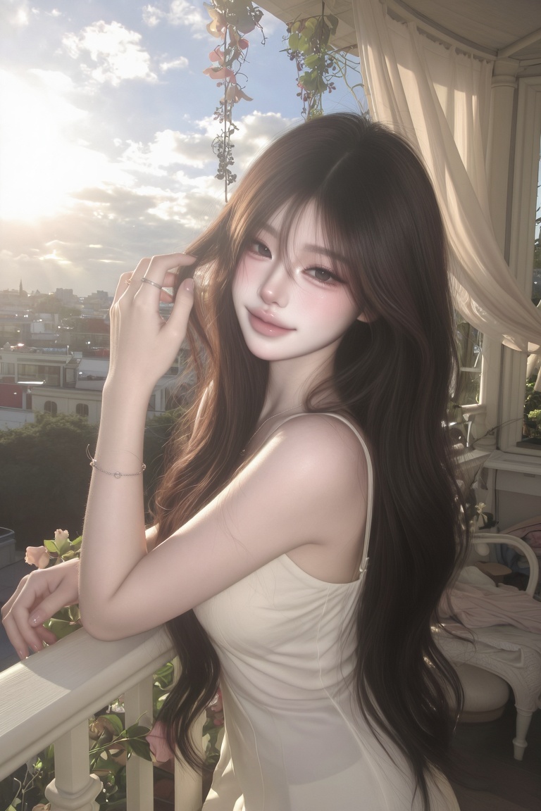 Cloudy Balcony beautiful young ***** woman,  soft feminine beauty,  relaxed expression on Tensor.Art