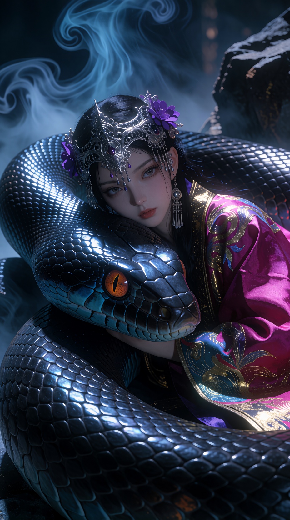A young woman with porcelain skin and dark hair leans intimately against the head of a massive dark-scaled serpent. She is...