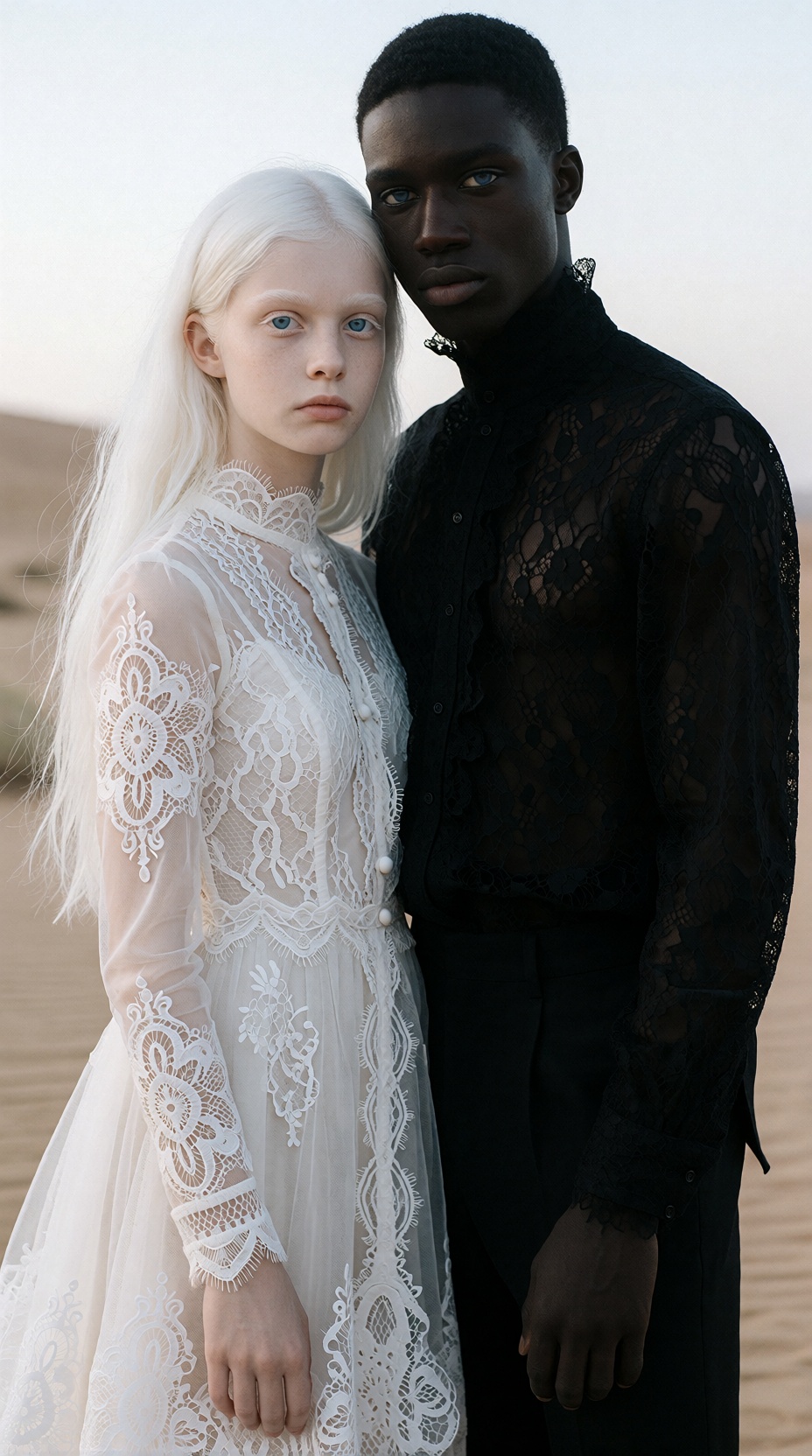 Full body realistic high fashion,  A romantic portrait of an albino young **** girl and a dark-skinned African man standin...