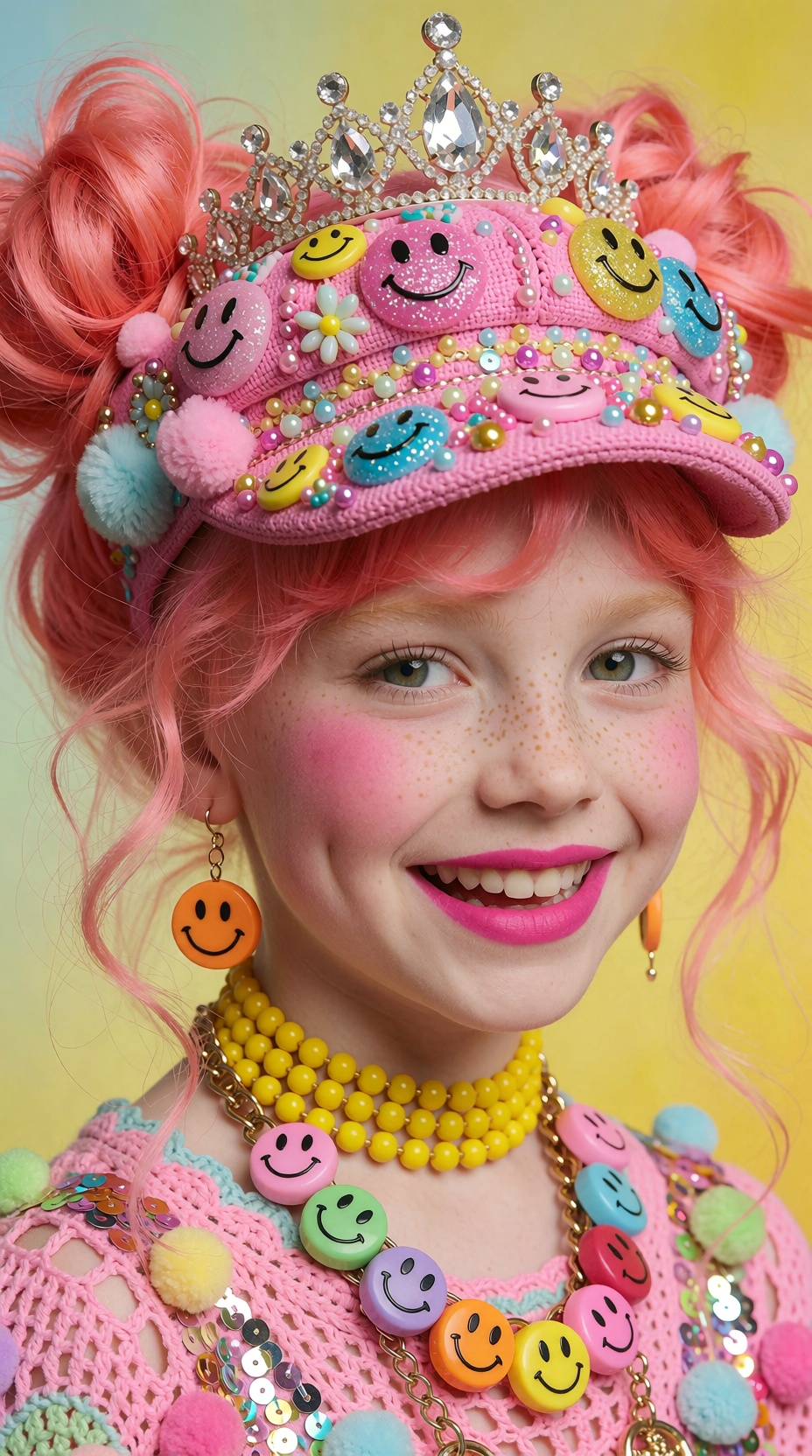 A whimsical and hyper-detailed portrait of a young girl,  blending kawaii cuteness with vintage aesthetics. Her bright sal...