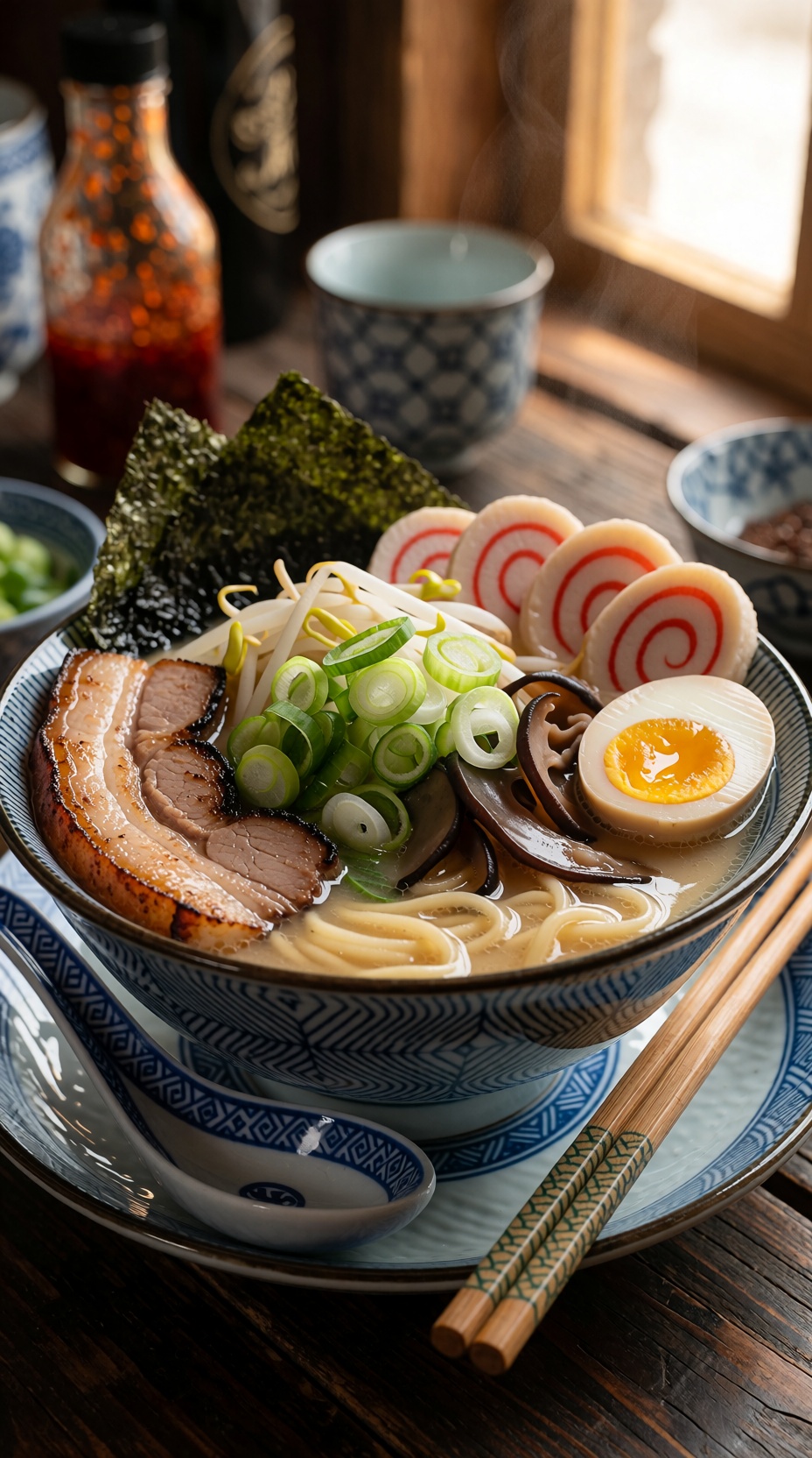 A detailed close-up photo showcasing a steaming bowl of authentic Japanese tonkotsu ramen,  brimming with toppings. A rich...