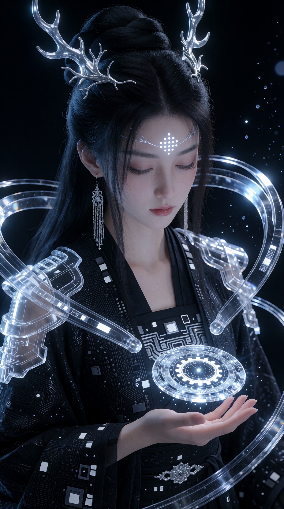 电影级俯视人像特写,  年轻东方女子,  乌黑长发盘成精致高髻 on Tensor.Art