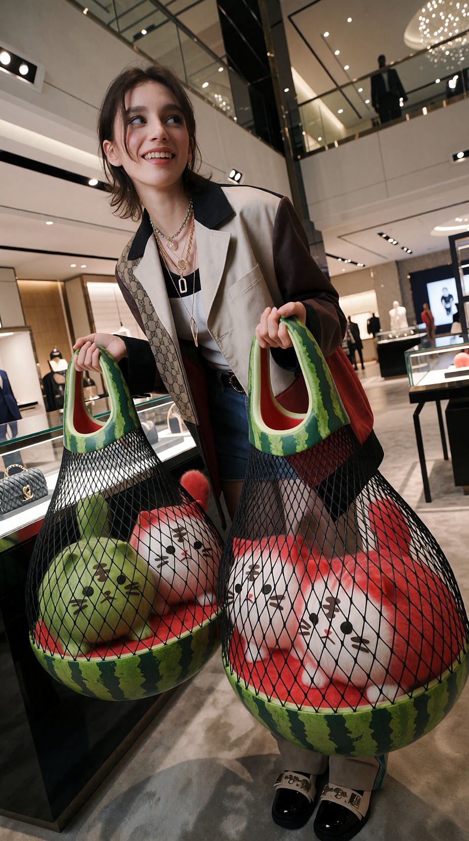 A cinematic,  award-winning photograph in hyperrealism. A slightly tired but smiling,  fashionable Kpop-style beauty on Te...