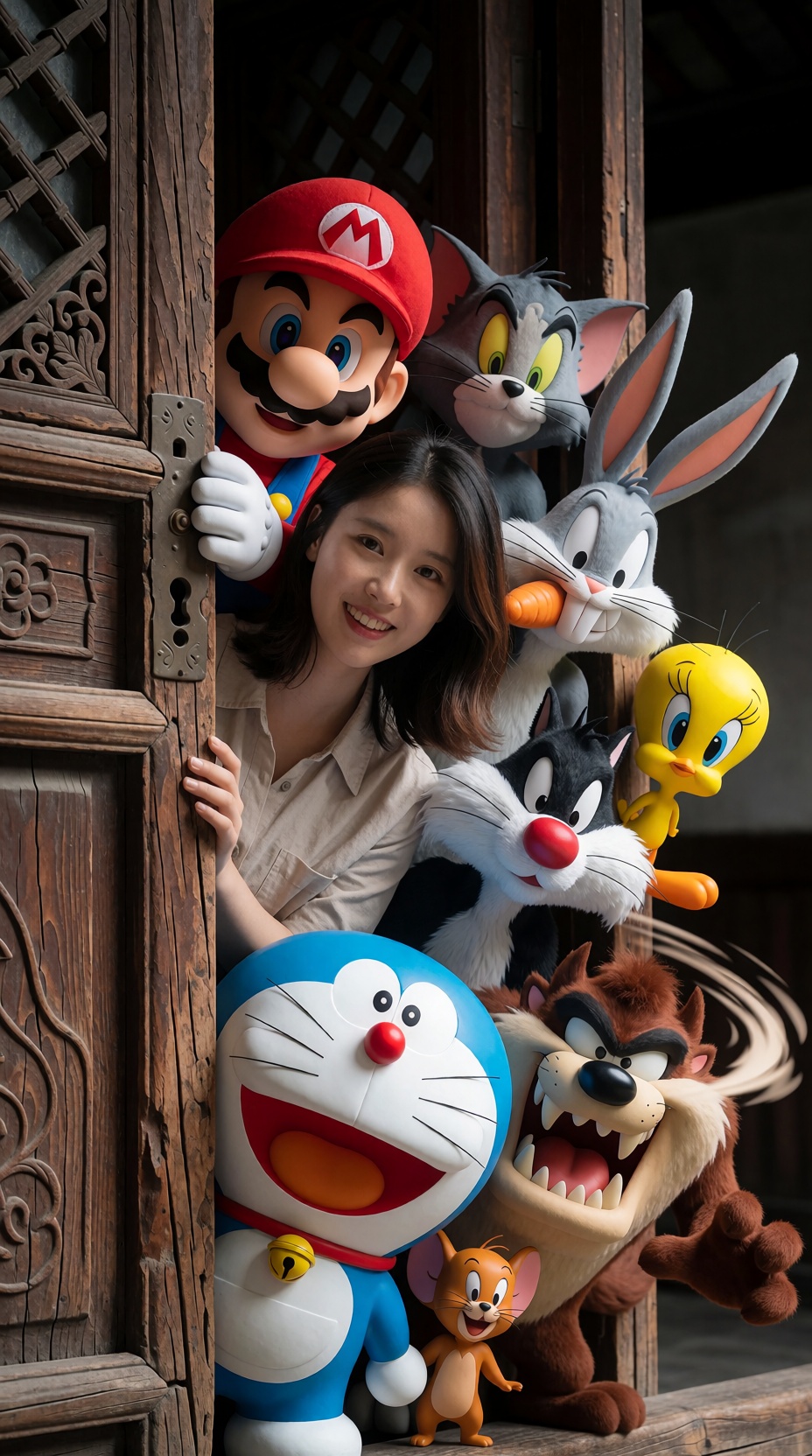 A high-resolution,  close-up photo capturing a young Chinese woman and a multitude of classic animated characters tightly...