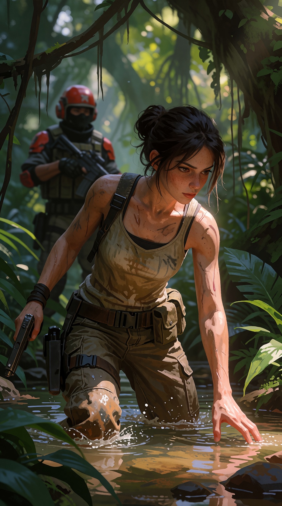 Bradhamel art style. A young woman with dark hair tied in a bun,  wearing a beige **** top,  cargo pants on Tensor.Art