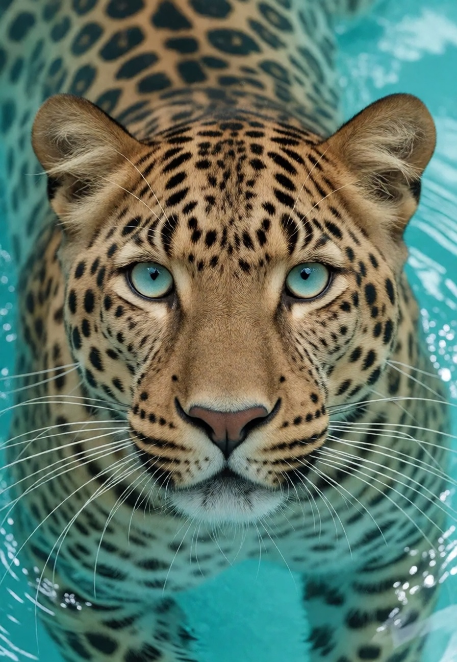 A hyper-realistic close-up portrait of a leopard swimming in turquoise water,  captured from a top-down perspective. The l...