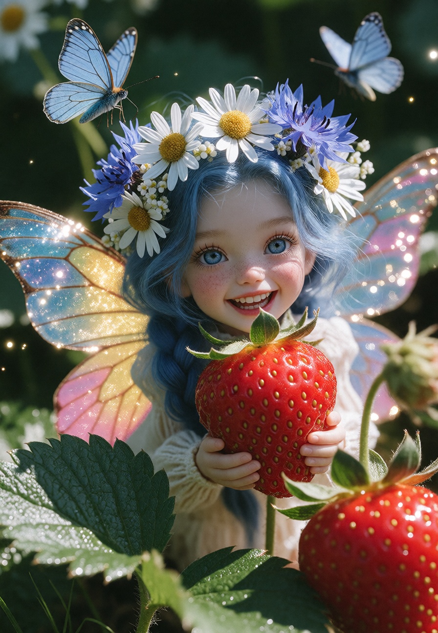 A tiny,  cute doll-girl with long,  wavy blue hair on Tensor.Art