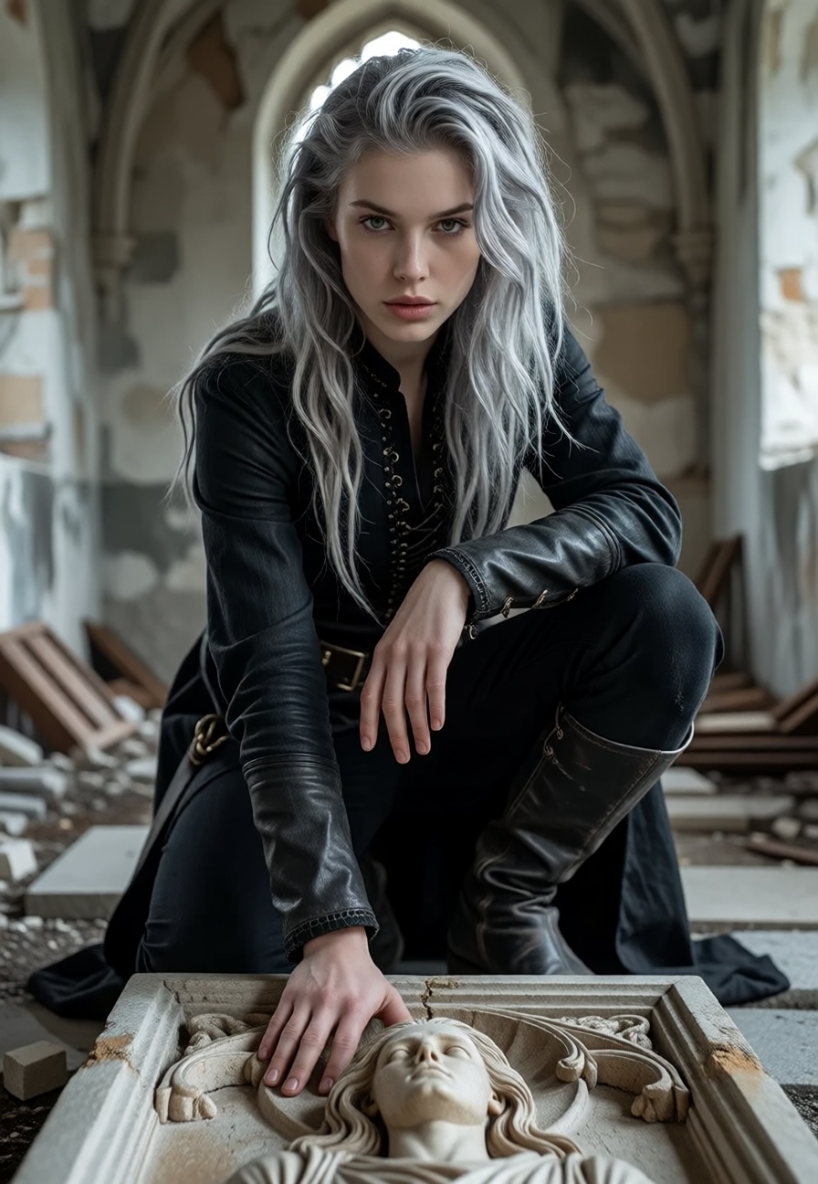 A woman with hair the color of a storm-filled sky and pale green eyes,  dressed in a dark tunic and leather boots,  kneels...