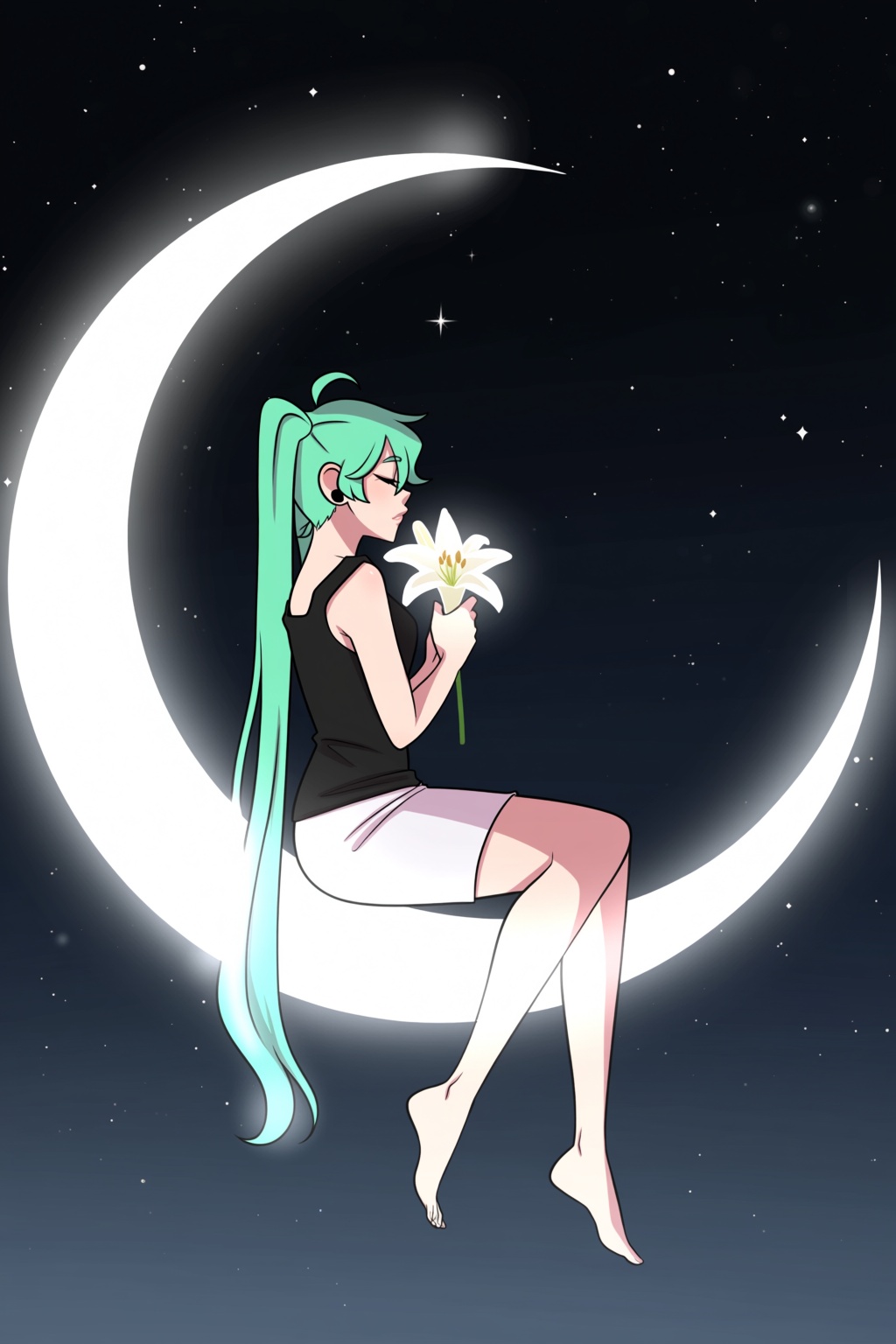 highres,  absurdres,  @pookiesenpai A woman with mint-green hair tied in twin tails sits on the edge of a giant on Tensor.Art