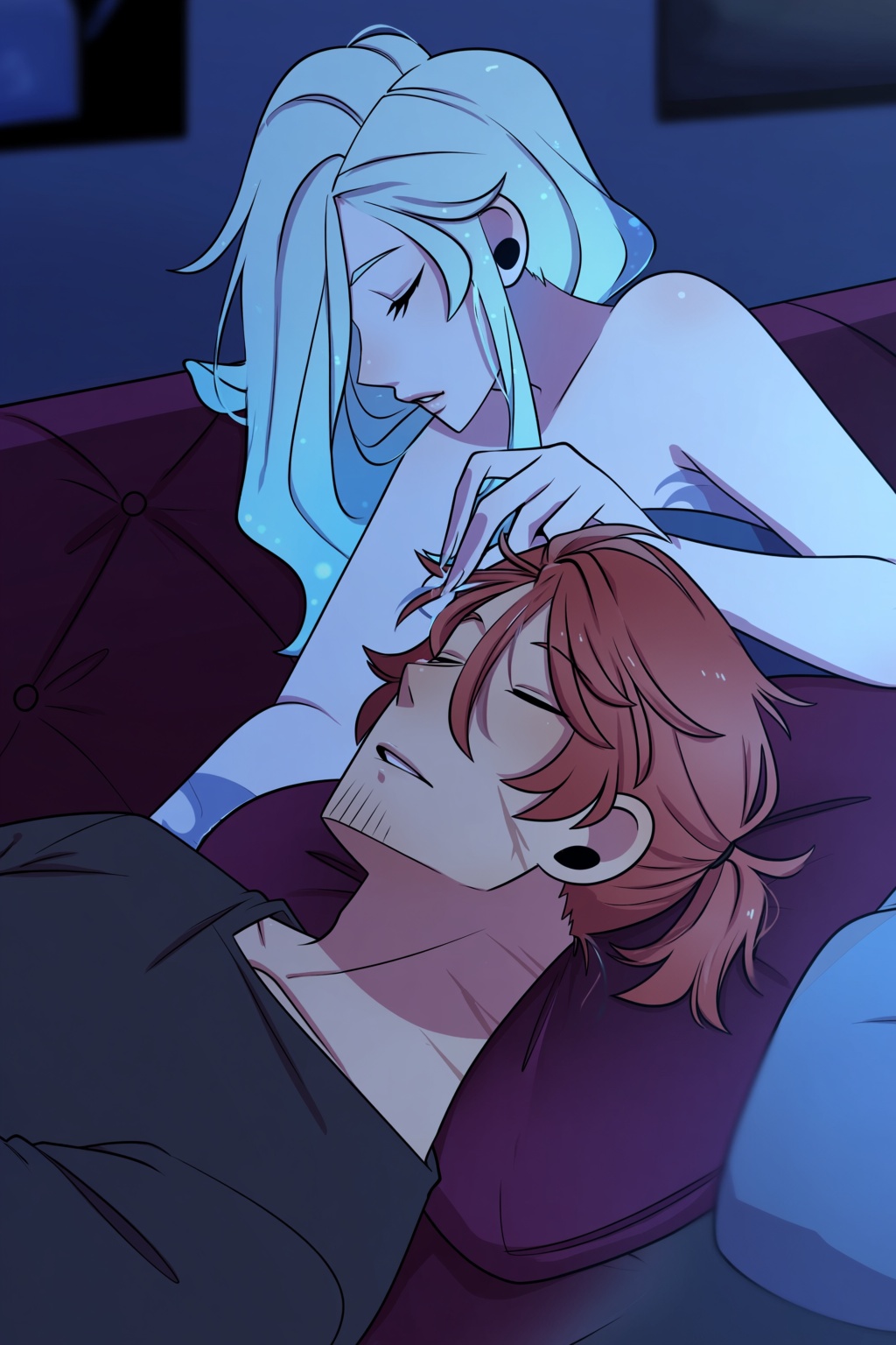 highres,  absurdres,  @pookiesenpai A young man with copper-red hair tied in a loose ponytail and a scarred brow sleeps pe...