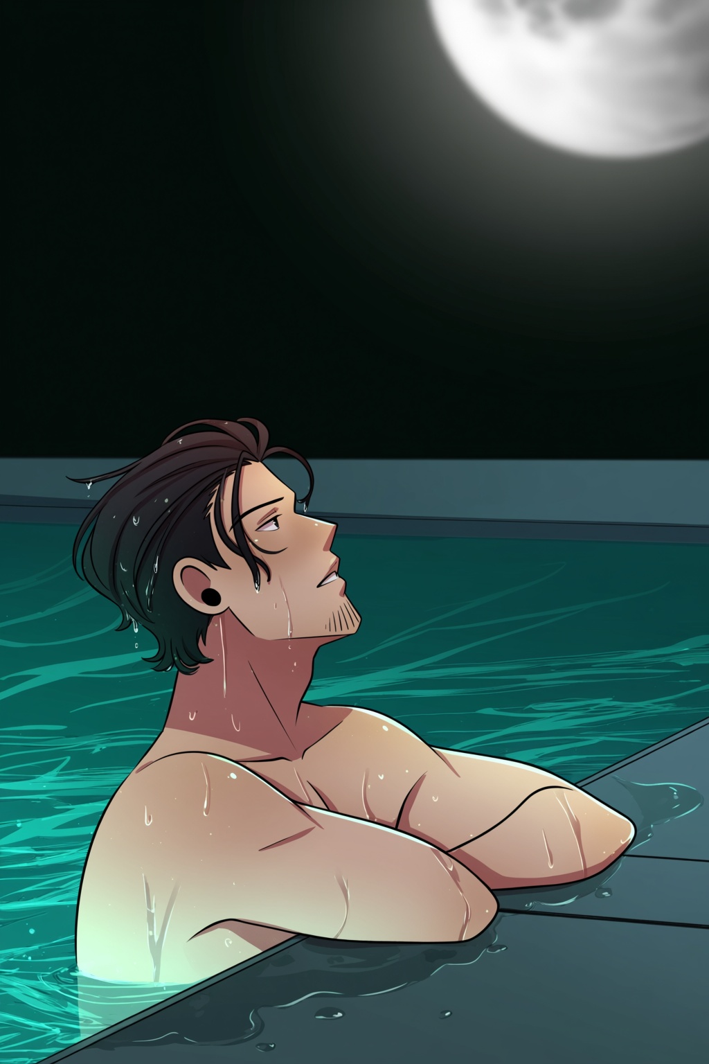 highres,  absurdres,  @pookiesenpai A sensual and cinematic digital illustration features a muscular man with dark on Tens...