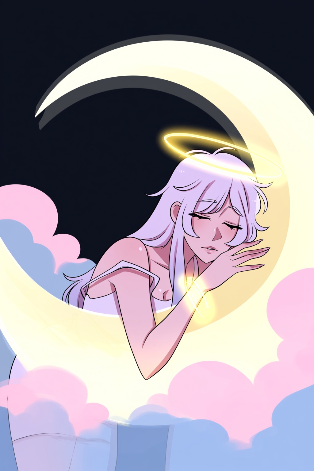 highres,  absurdres,  @pookiesenpai A woman with pale lavender hair and glowing golden halos around her wrists rests her c...