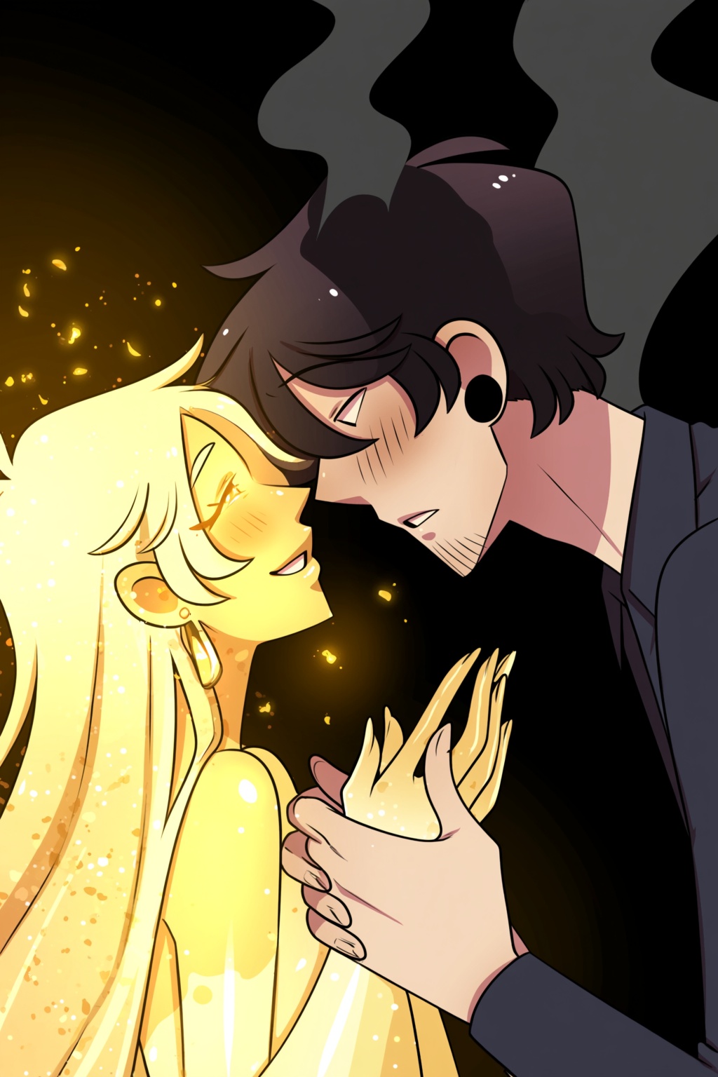 highres,  absurdres,  @pookiesenpai A woman with radiant sun-blonde hair and golden glowing skin smiles softly as a man wi...