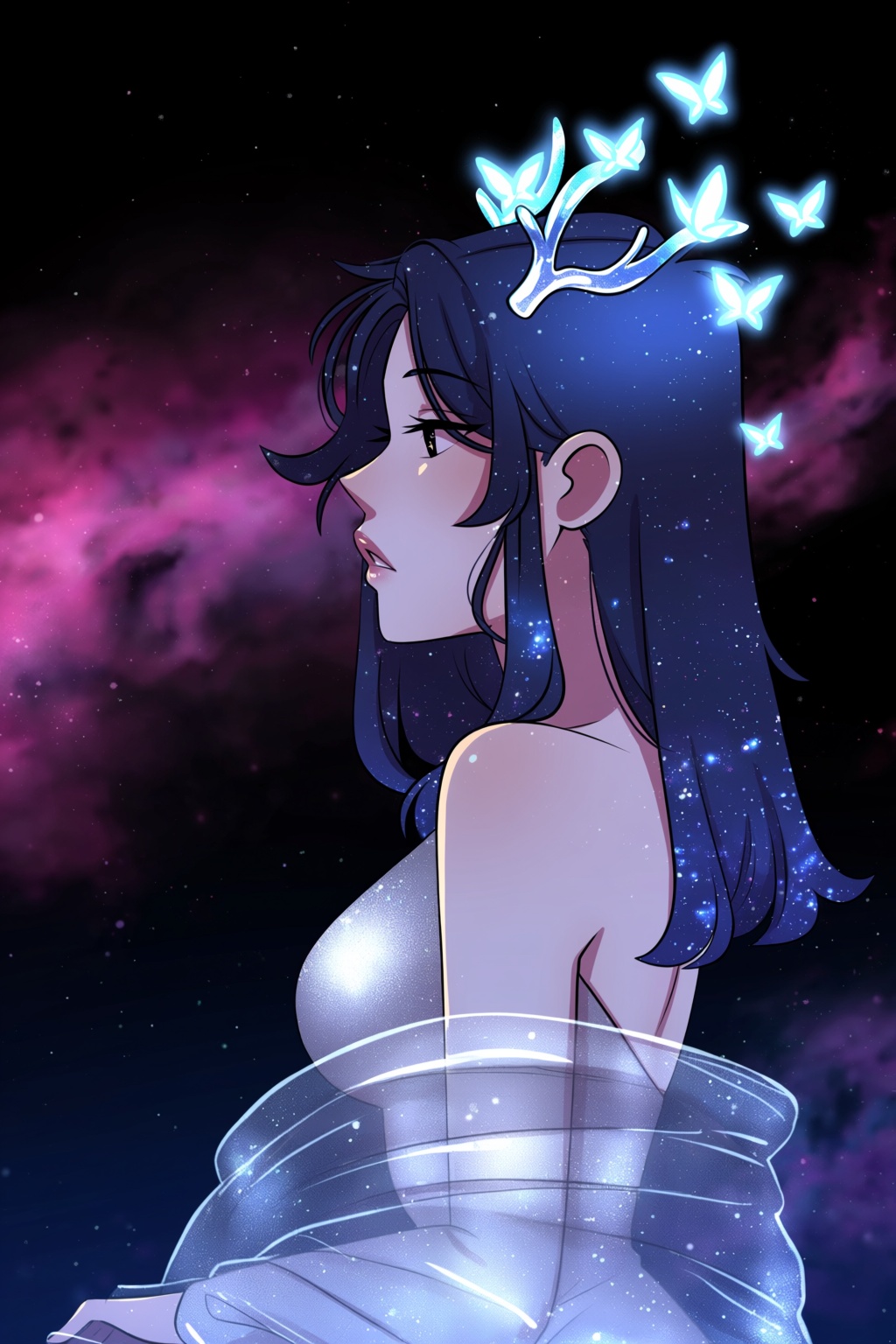 highres,  absurdres,  @pookiesenpai A woman with deep indigo hair sprinkled with glowing stardust and small crystalline an...