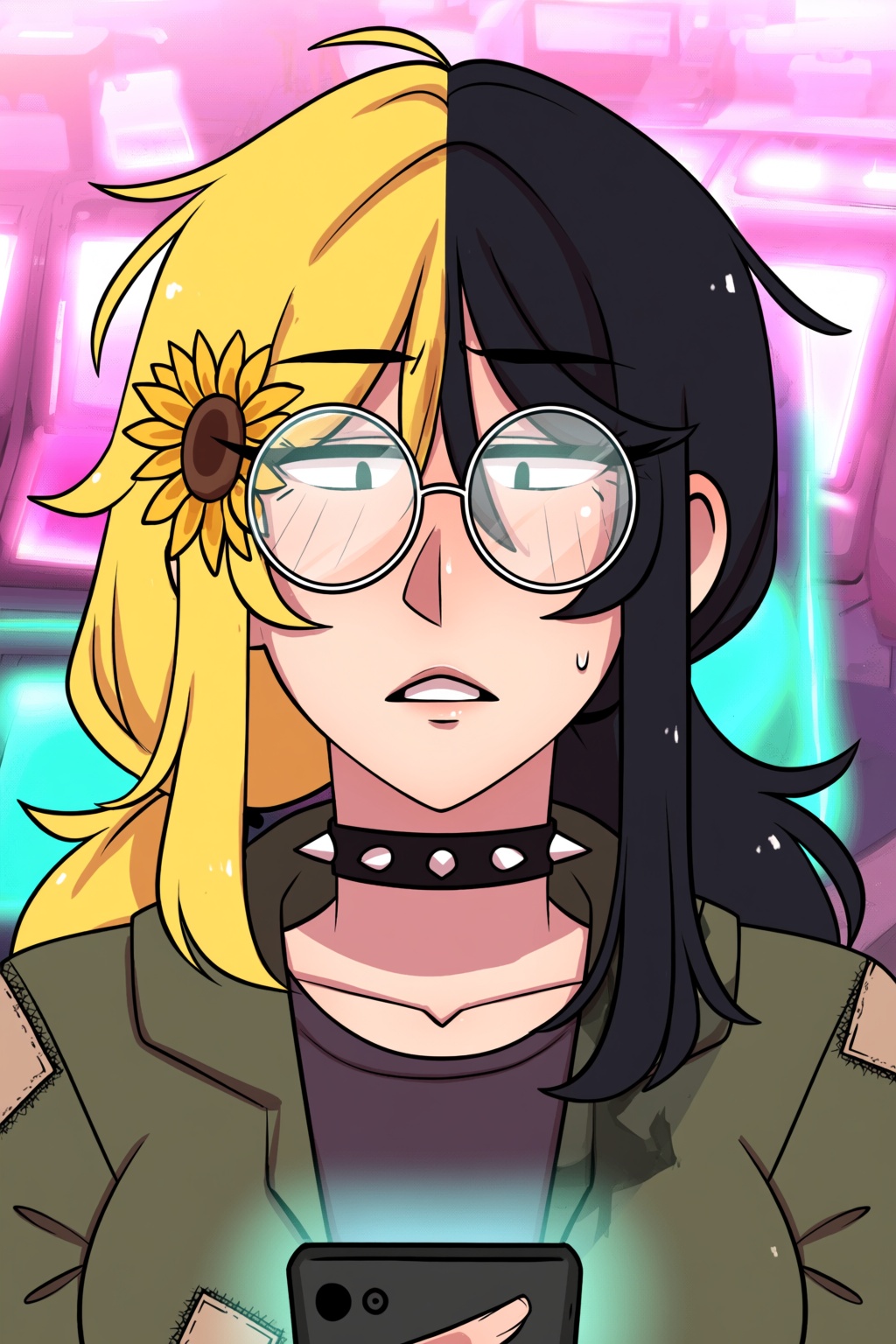 highres,  absurdres,  @pookiesenpai A woman with split hair—sunflower yellow on the left on Tensor.Art