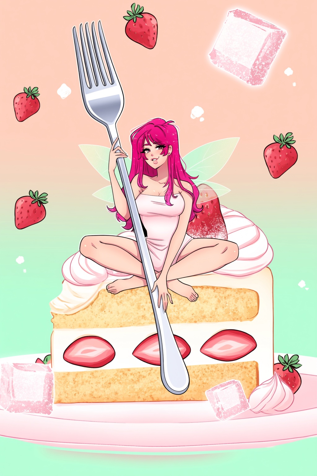 highres,  absurdres,  @pookiesenpai A woman with vibrant magenta hair and small translucent fairy wings sits cross-legged...