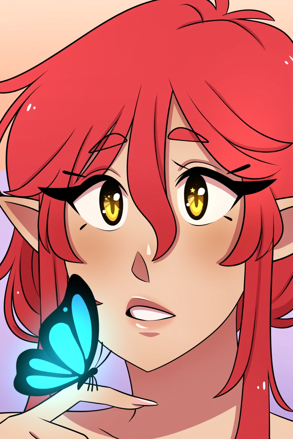 highres,  absurdres,  @pookiesenpai A close-up portrait of a woman with vibrant red hair framing her face. She has large g...