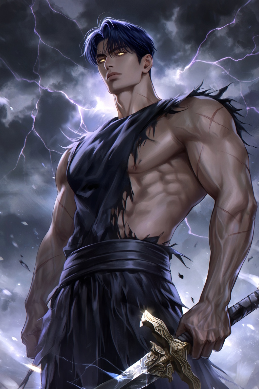 highres,  absurdres,  @b_ban A highly detailed digital painting portrays a muscular man with dark blue hair and glowing go...