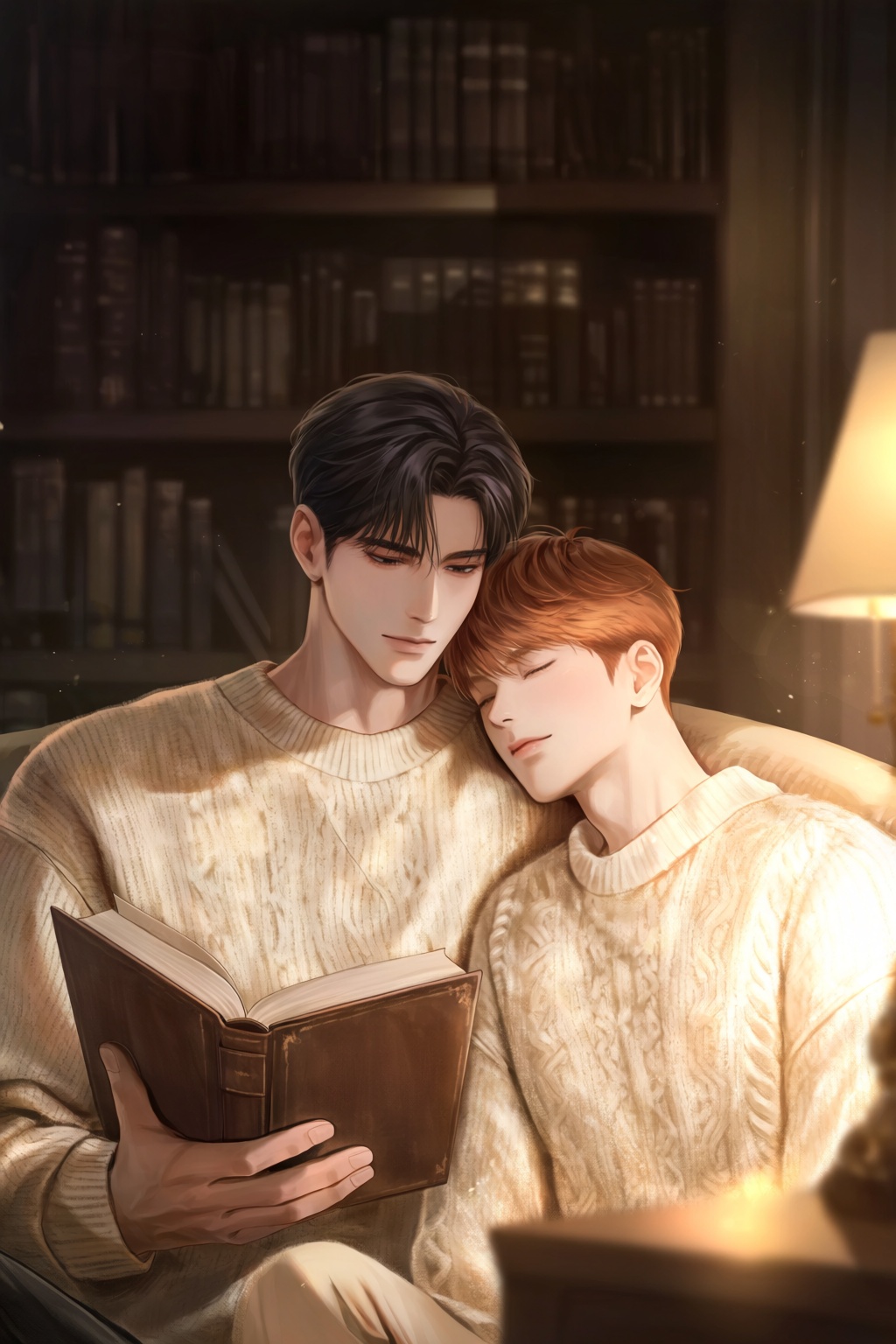 highres,  absurdres,  @b_ban This romantic digital illustration captures an intimate moment between two young men in a dim...