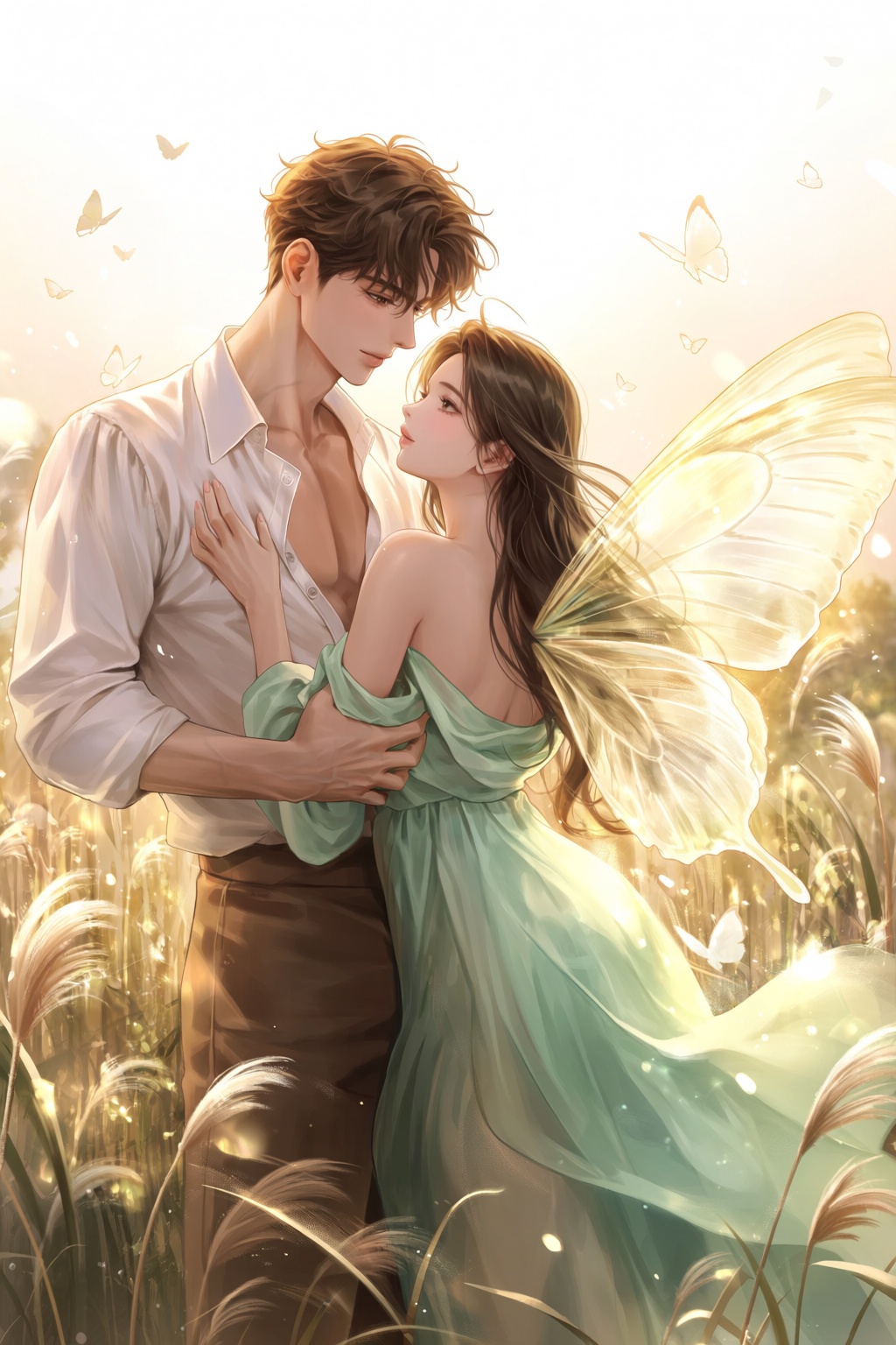 highres,  absurdres,  @b_ban A digital illustration depicts a tender scene where a young man holds a woman with ethereal o...