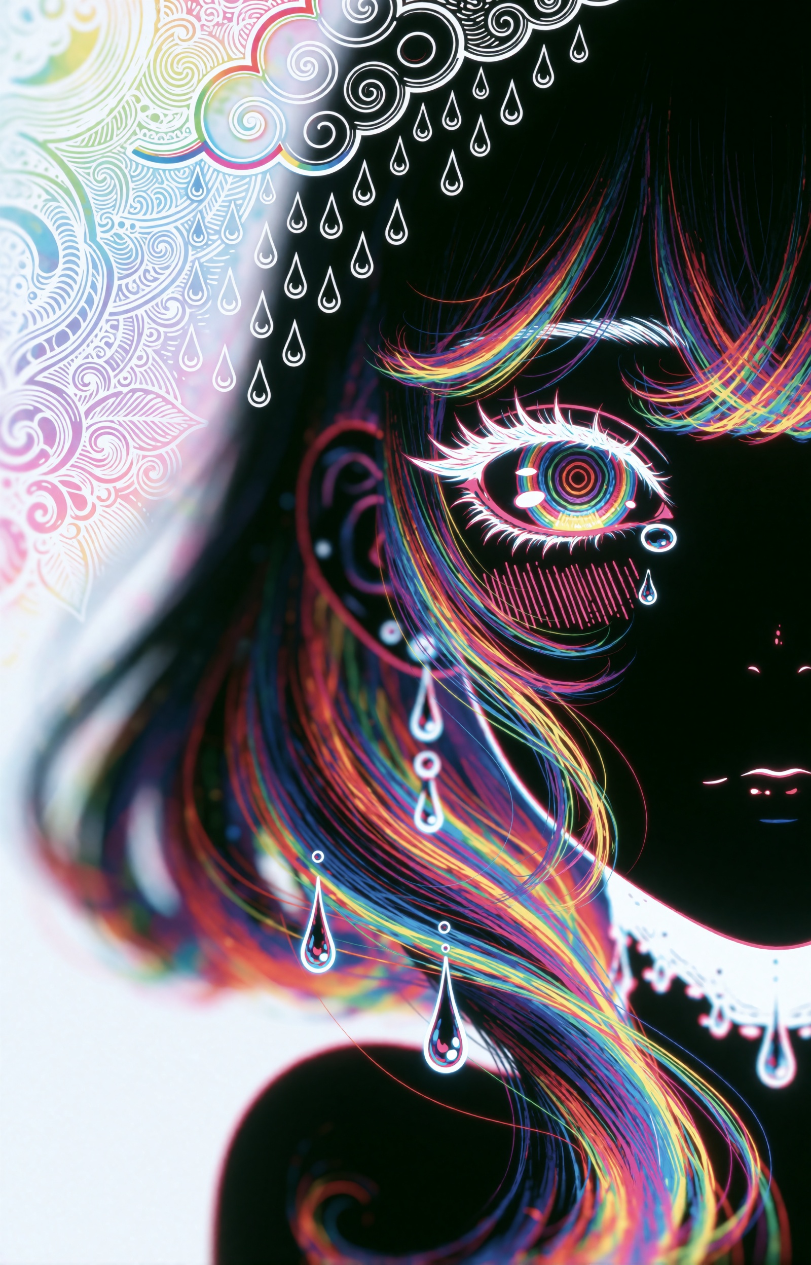 A psychedelic neon anime illustration of a figure in right-facing profile,  rendered as glowing rainbow gradient line art...