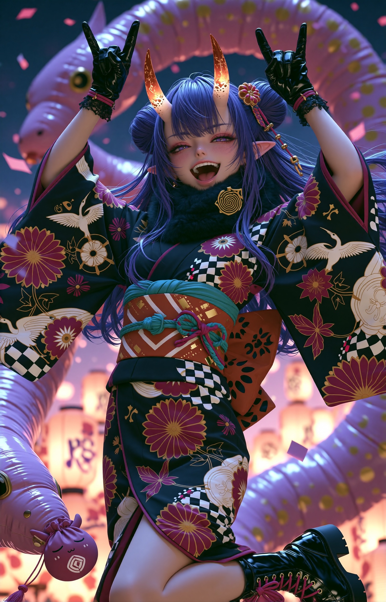 SUBJECT: A cheerful oni-idol girl with long indigo-purple hair styled in a hime cut with twin side buns and trailing front...