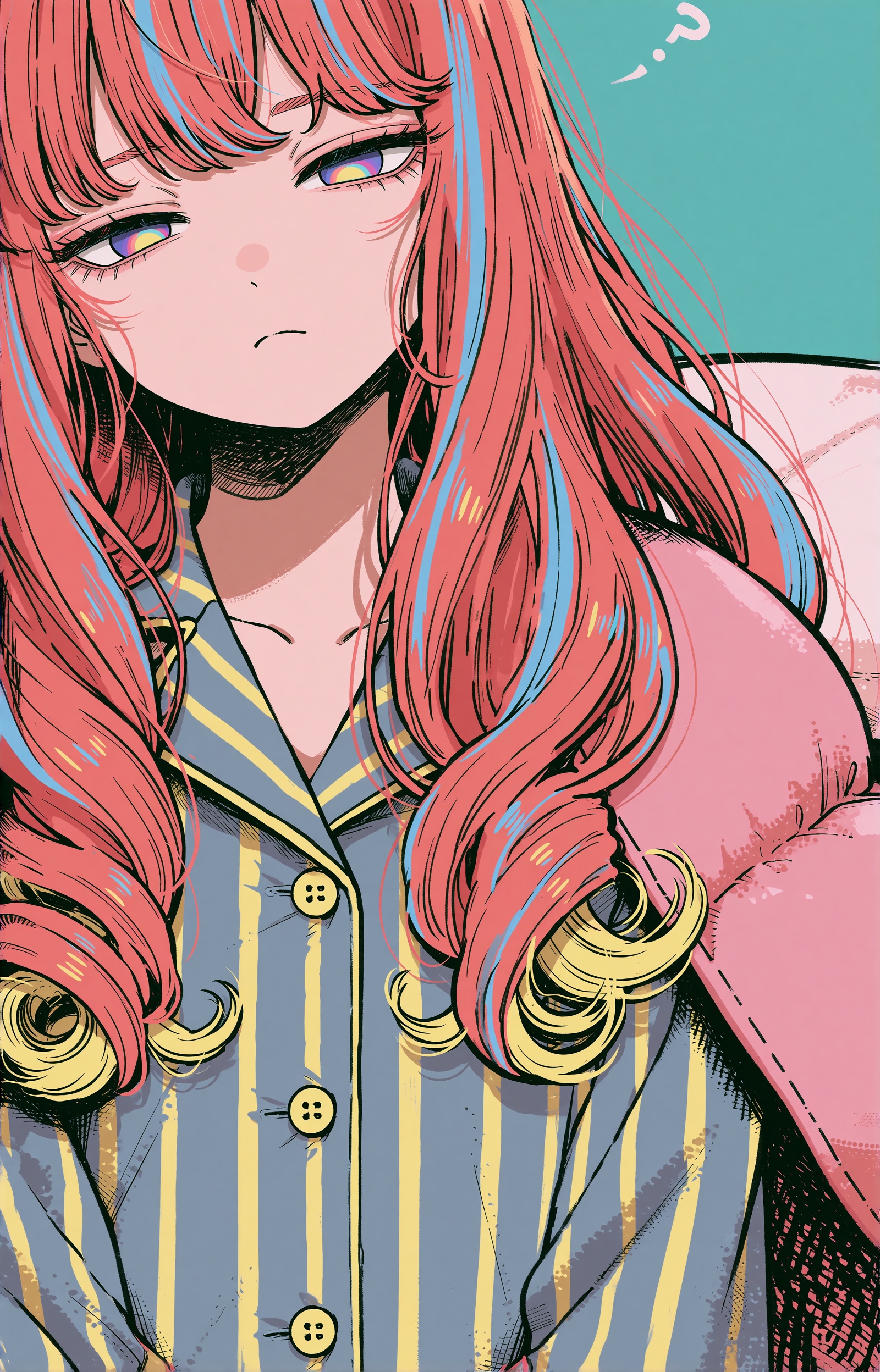 SUBJECT: A sleepy girl with very long coral-pink hair falling past her chest in heavy wavy curtains. Candy-stripe bands of...