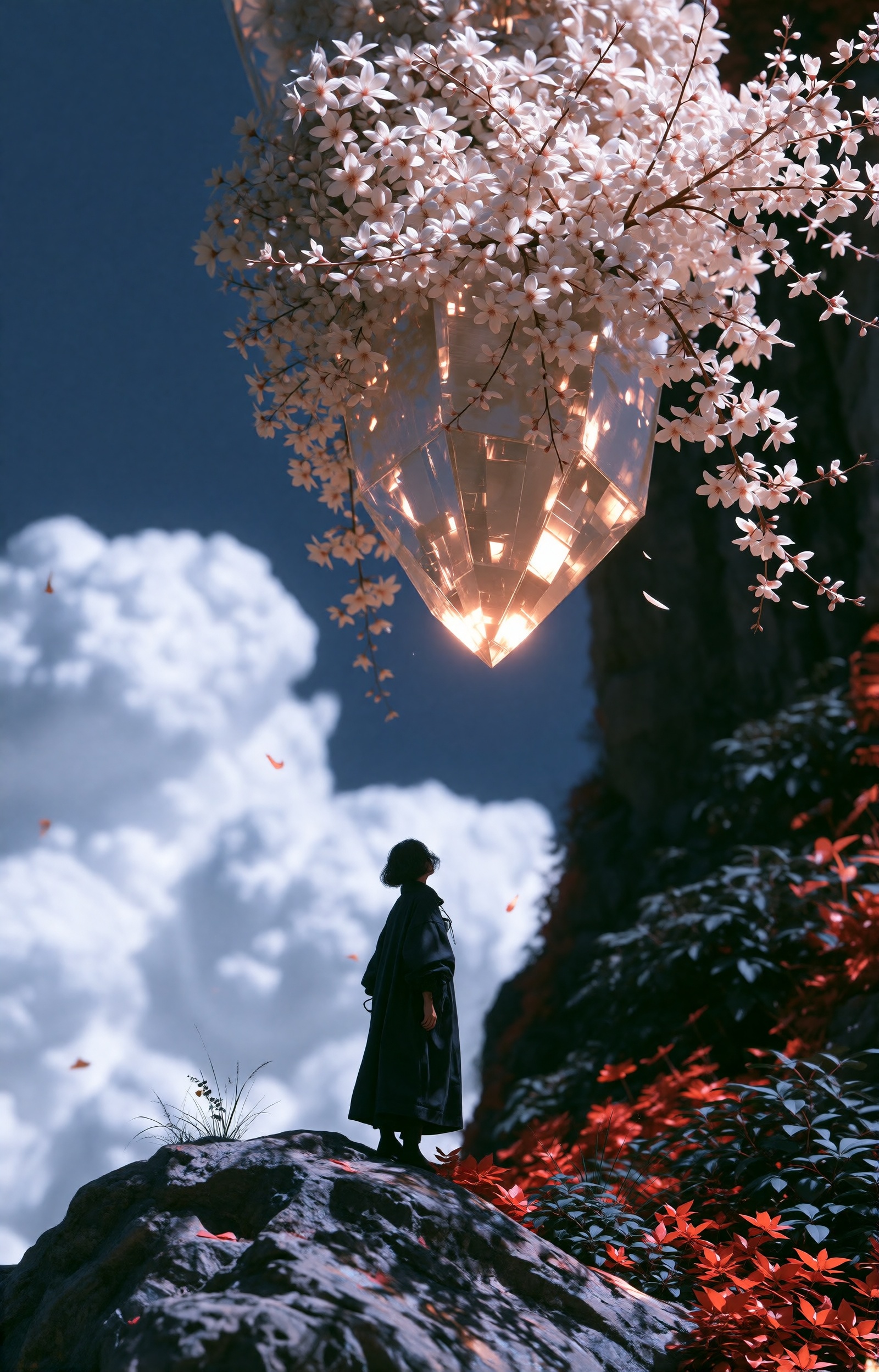 A solitary figure in dark,  loose clothing stands silhouetted on a rugged,  shadowed rock outcrop on Tensor.Art