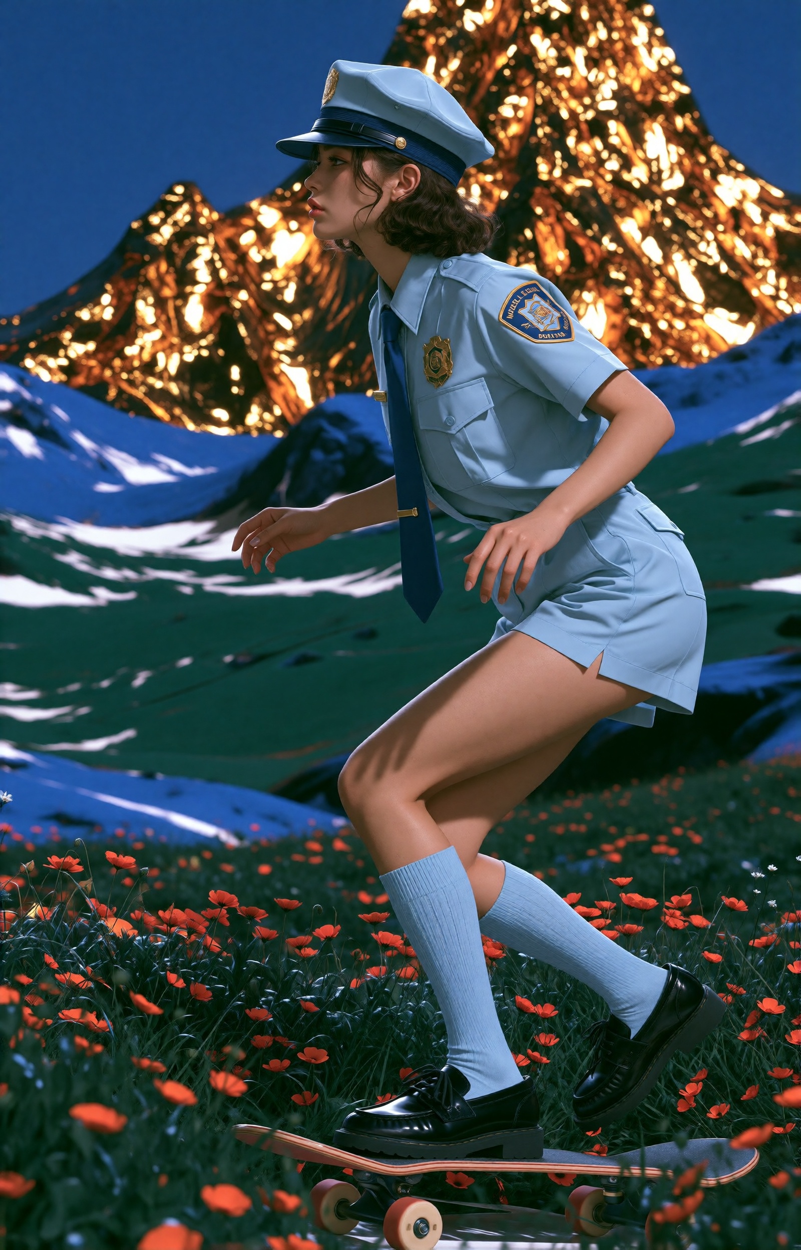 A surreal,  cinematic full-body profile shot of a young woman captured in a quirky,  pop-surrealism collage aesthetic. She...