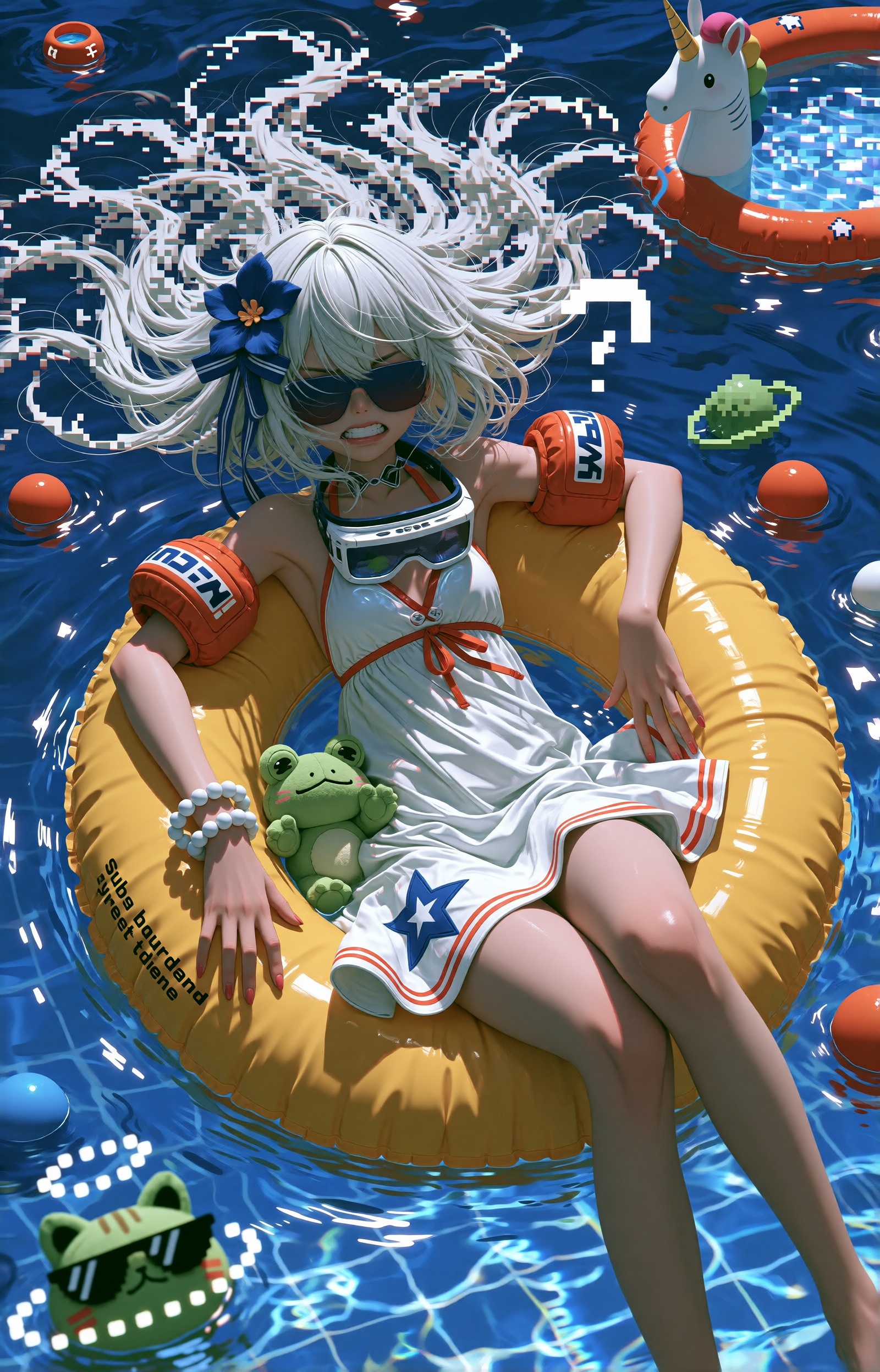 SUBJECT : A silver-haired girl with extremely long white hair streaming outward in glitched,  pixel-frayed waves. She wear...