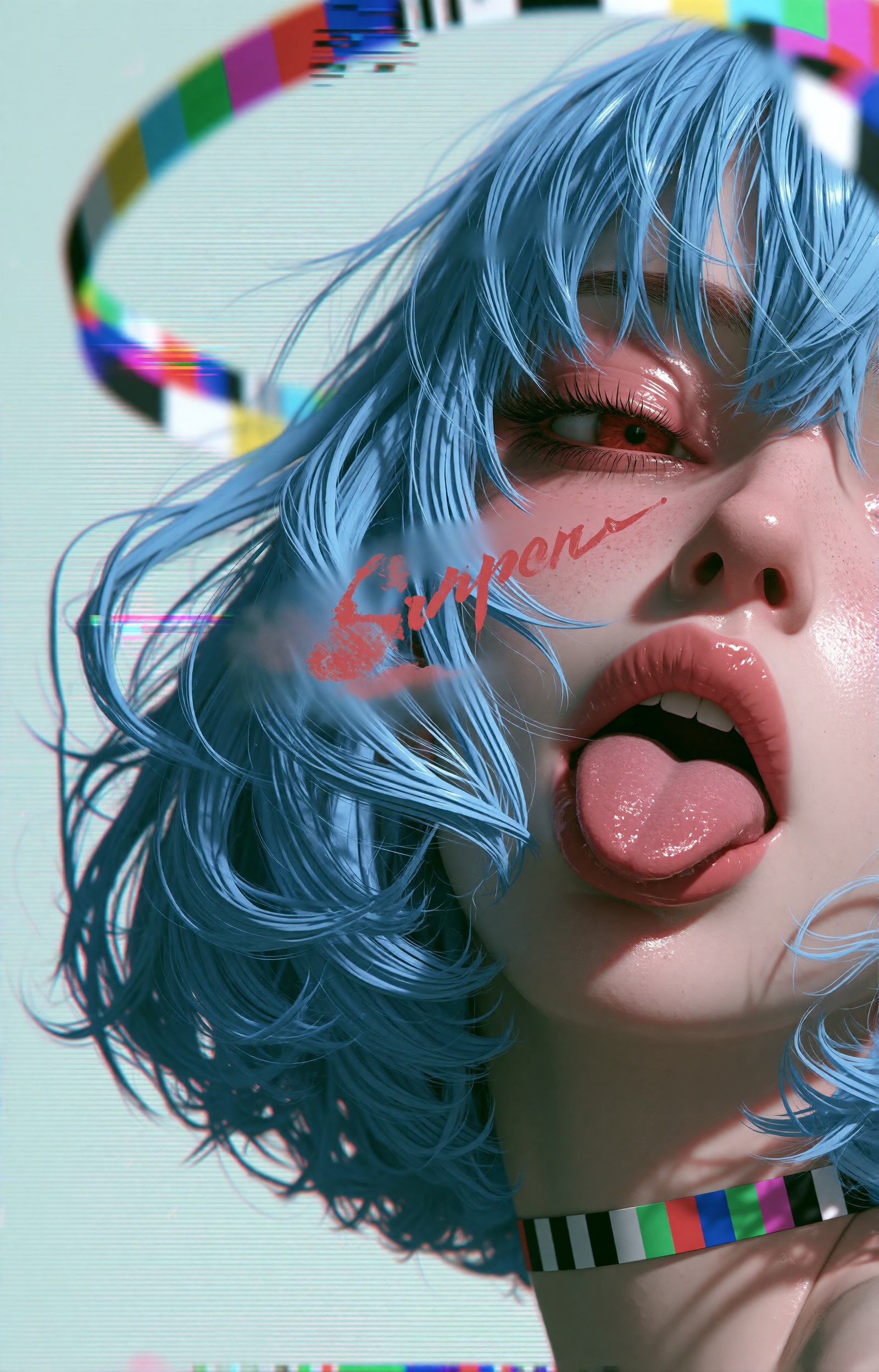 SUBJECT: A glitch-pop test-card siren,  an anime girl with shaggy sky-blue hair in feathered tufts,  presses her face agai...