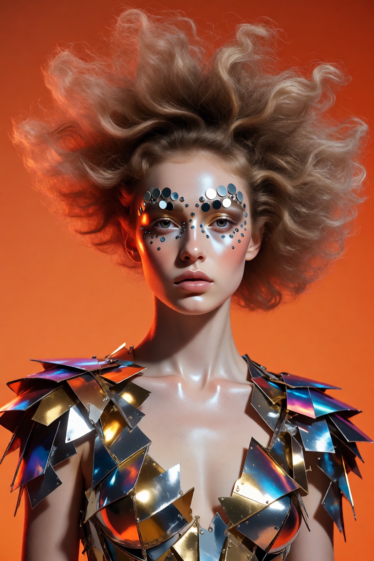 A woman with pale skin faces forward against a solid orange background under dramatic studio lighting that emphasizes her...