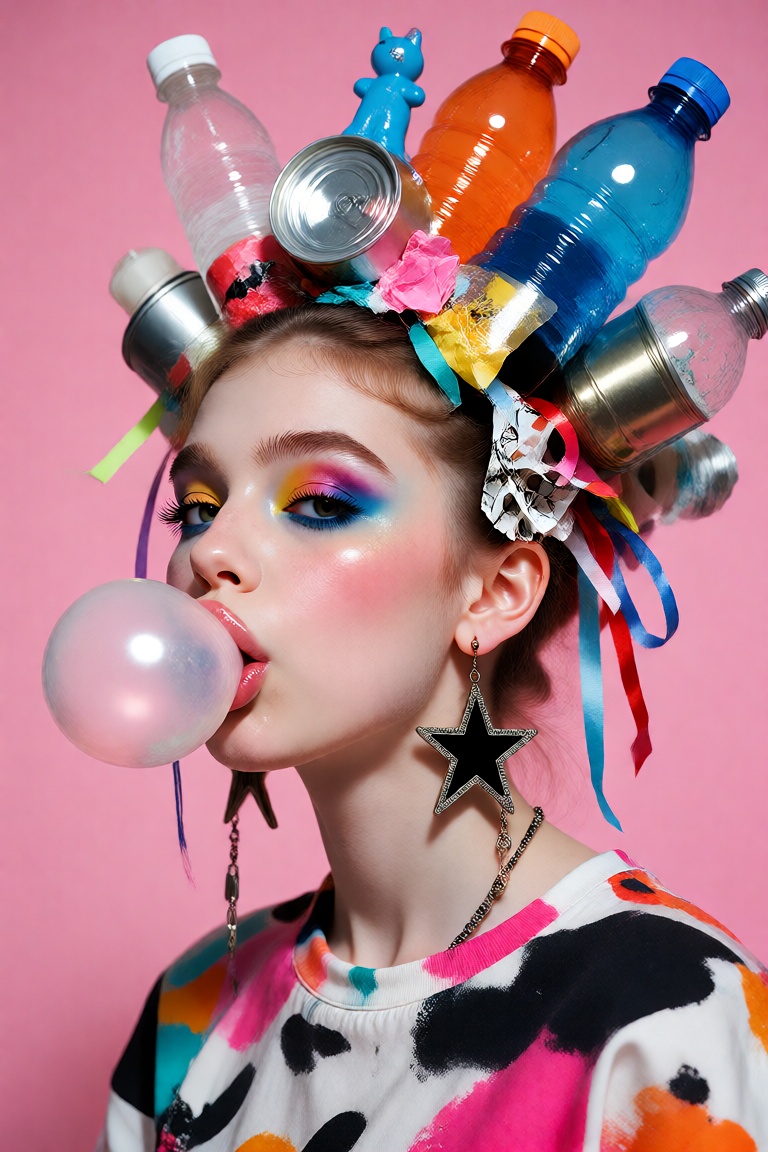 A young woman faces slightly left against a solid bright pink background under even studio lighting,  blowing a large roun...