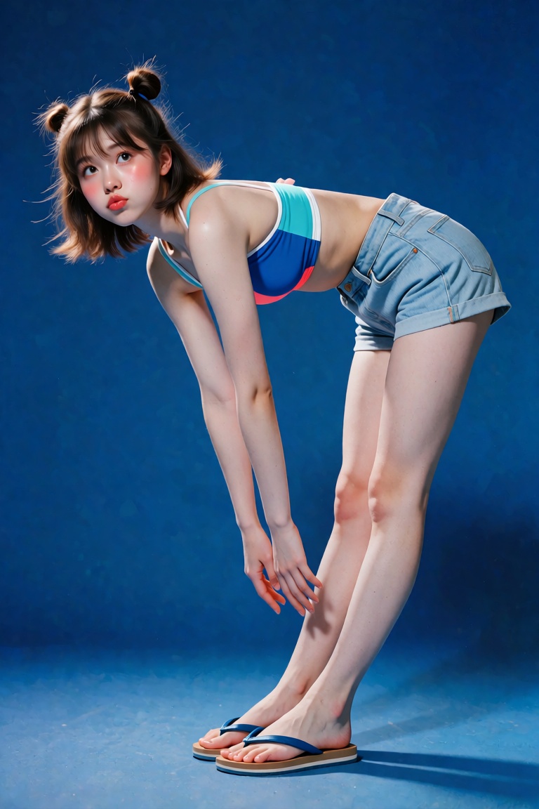 Against a vibrant blue 1980s Japanese City Pop-inspired urban backdrop. a young woman with short brown hair styled with a...
