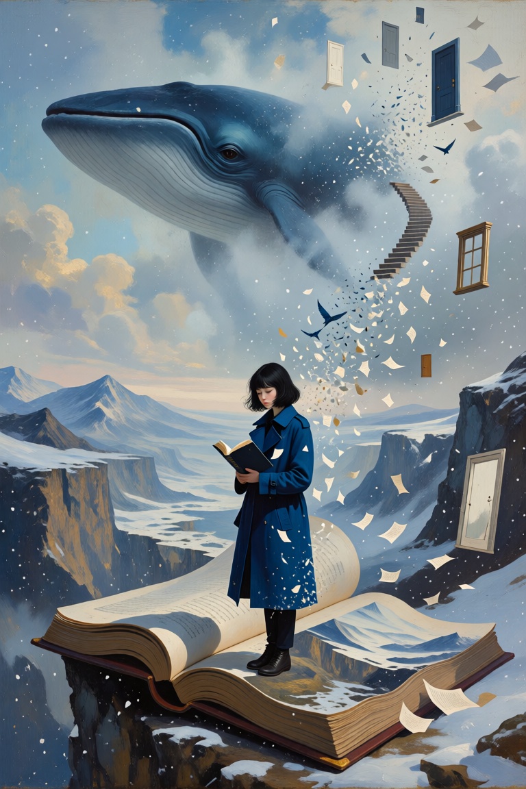 oil painting style,  surreal poetic dreamscape inspired by Salvador Dali and René Magritte,  soft cinematic atmosphere on...