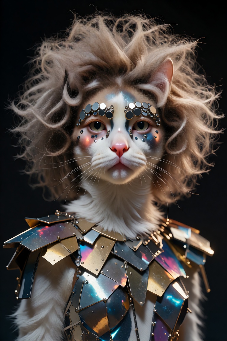 A cat standing upright with White fur faces forward against a solid black background under dramatic studio lighting that e...