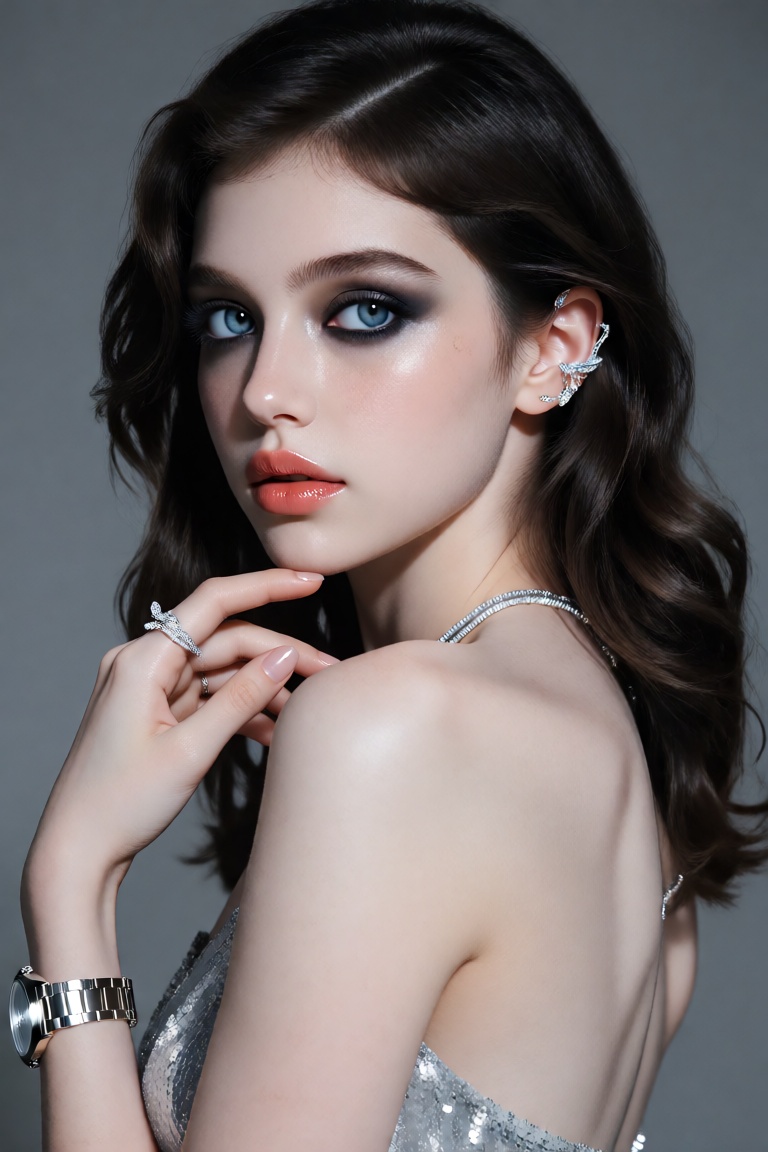 A young woman with striking blue eyes and dark,  wavy hair gazes over her shoulder in a high-fashion portrait. Her fair sk...
