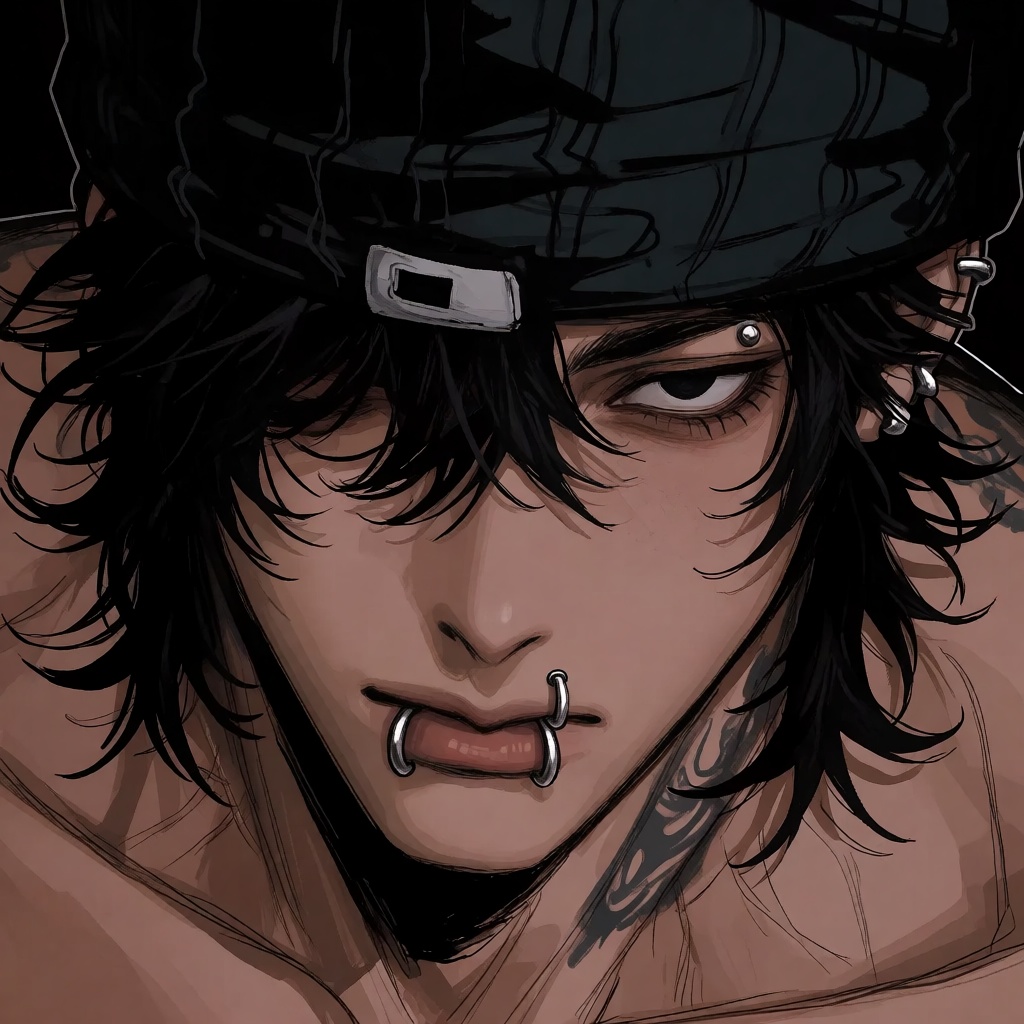 create a digital illustration in a sketchy manga artstyle: The image depicts a stylized,  dark-toned artwork with a focus...