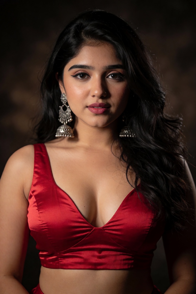 Young Indian woman with long wavy black hair falling over one shoulder. Medium-fair warm skin,  defined brows,  winged eye...